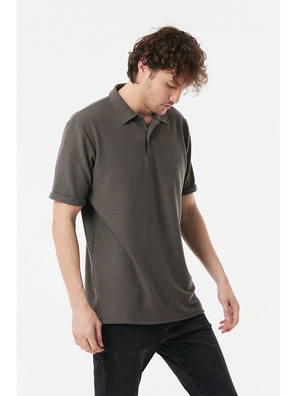 Antrasit Waffle Kumaş Polo Yaka Duble Kol Tişört-3