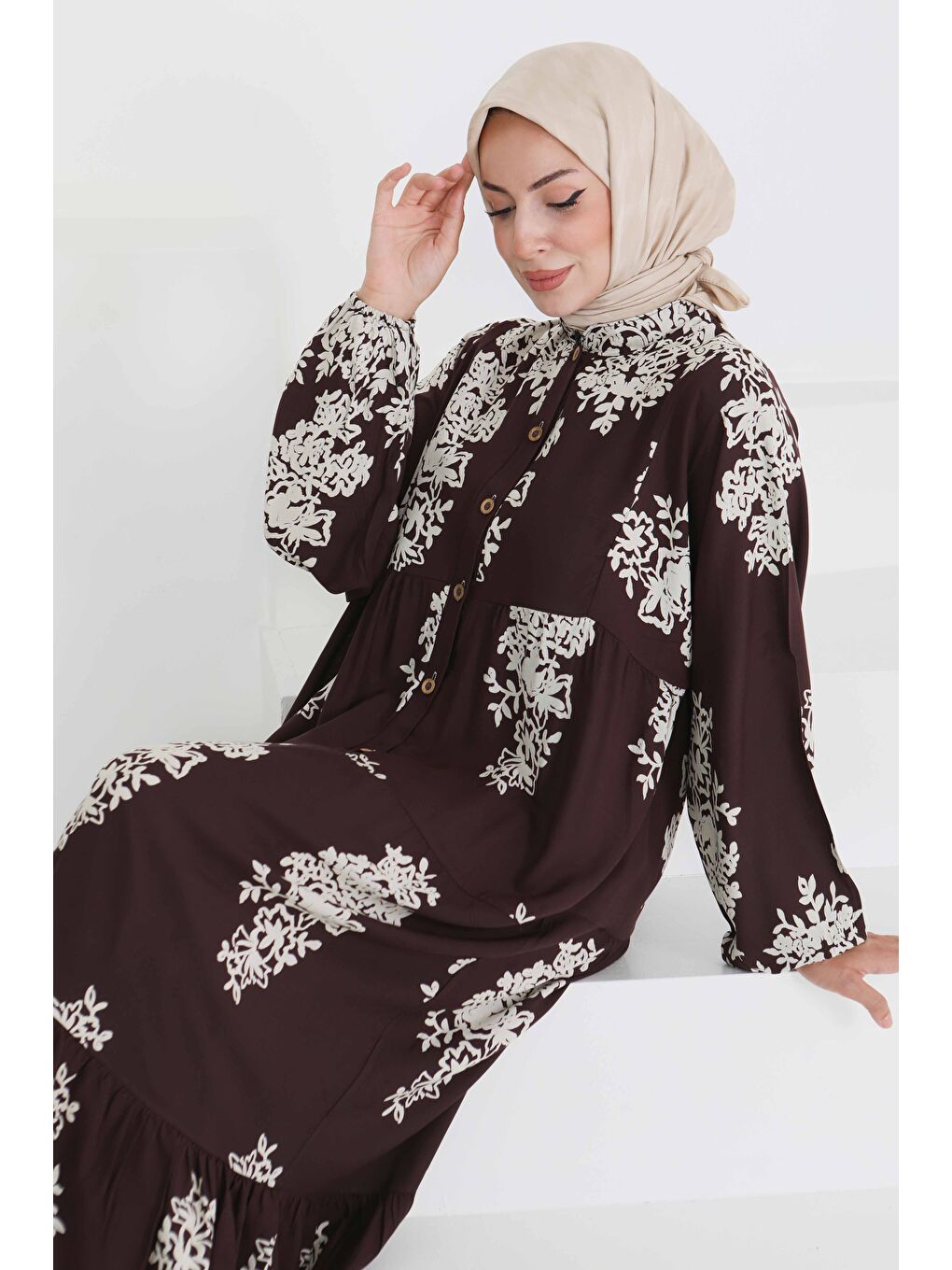 Kahverengi Desenli Düğmeli Elbise Kahve - 27470
