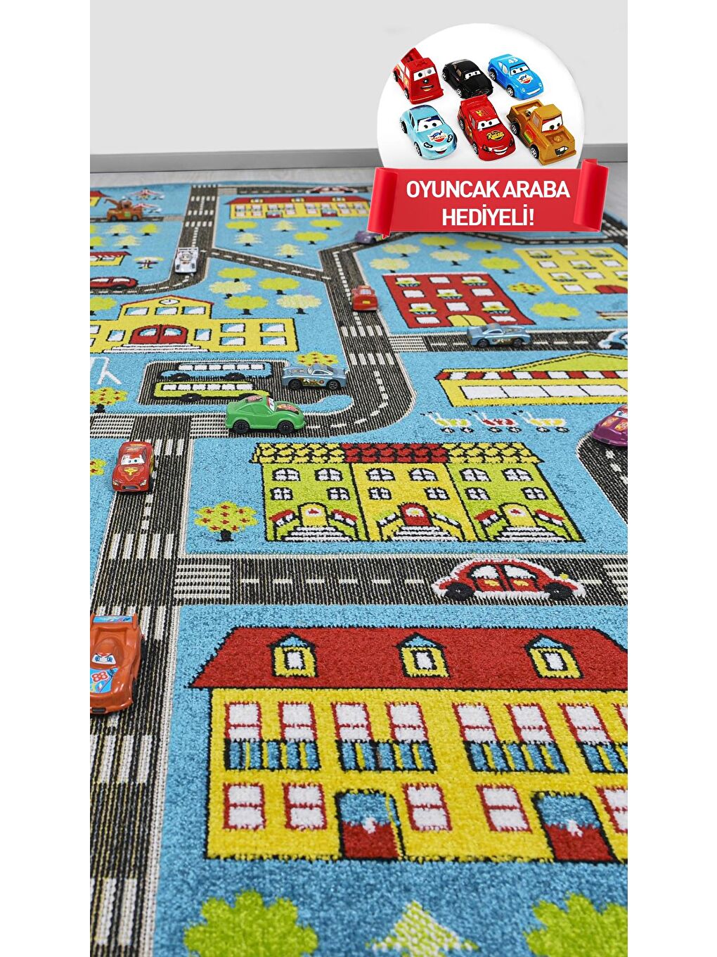 3 Boyutlu Mavi Şehir Dokuma Çocuk Oyun Halısı-140x200
