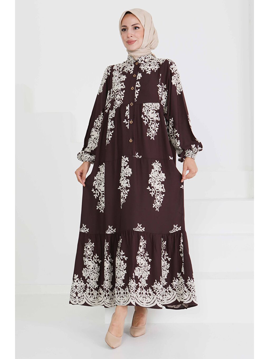 Kahverengi Desenli Düğmeli Elbise Kahve - 27470-1