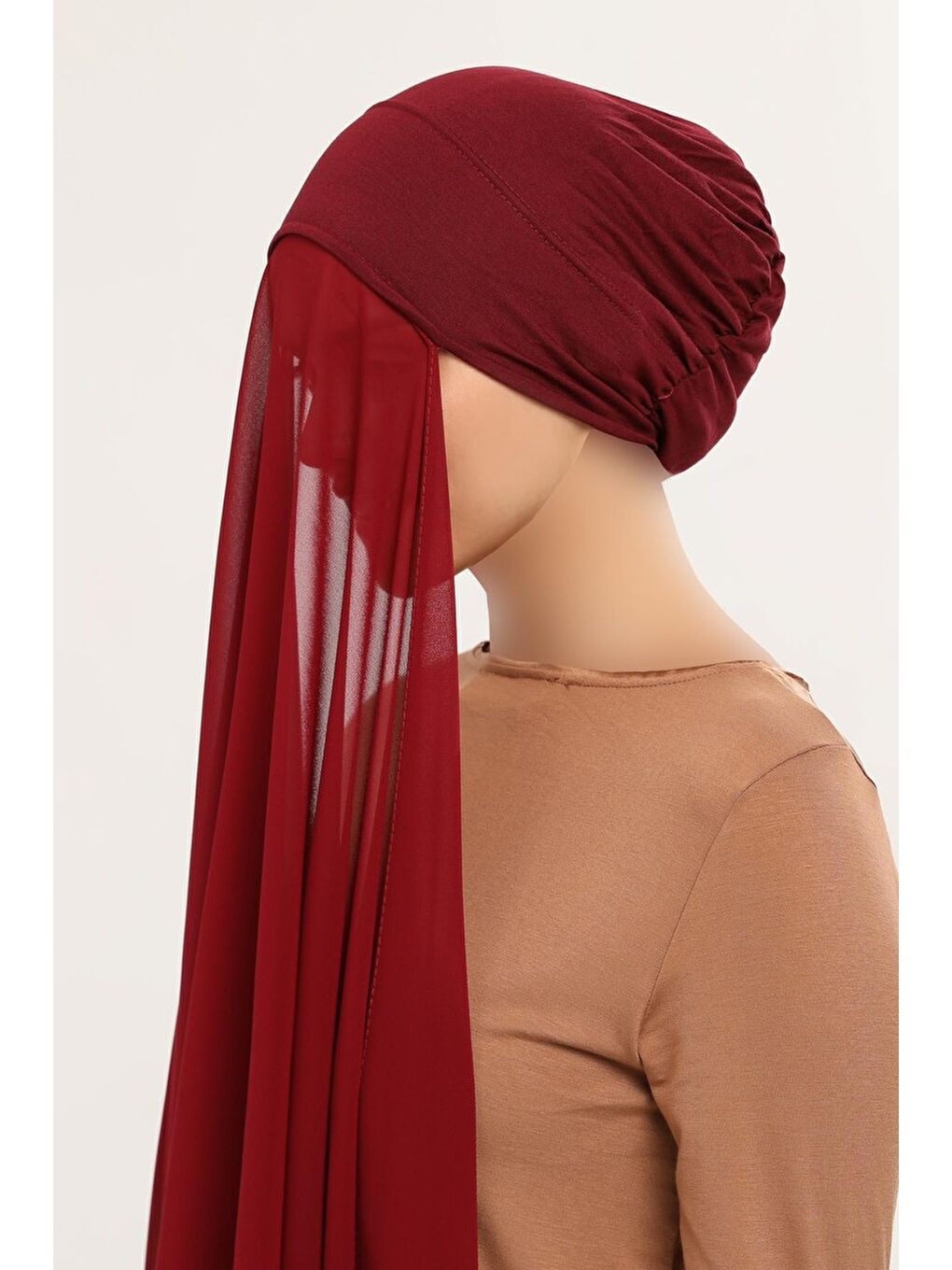 Bordo Hazır Pratik Lüks Geçmeli Lastikli Boneli Şifon Şal-1