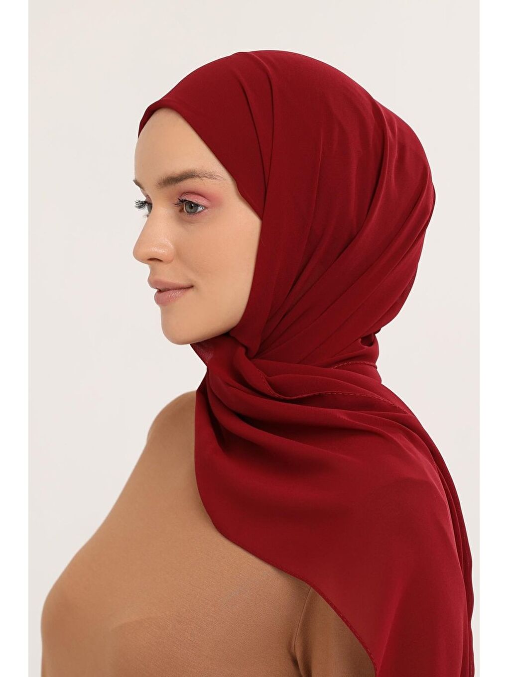 Bordo Hazır Pratik Lüks Geçmeli Lastikli Boneli Şifon Şal-2