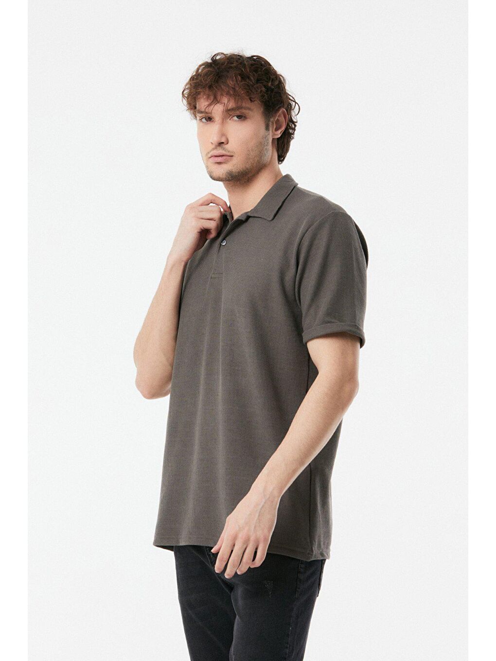 Antrasit Waffle Kumaş Polo Yaka Duble Kol Tişört-4