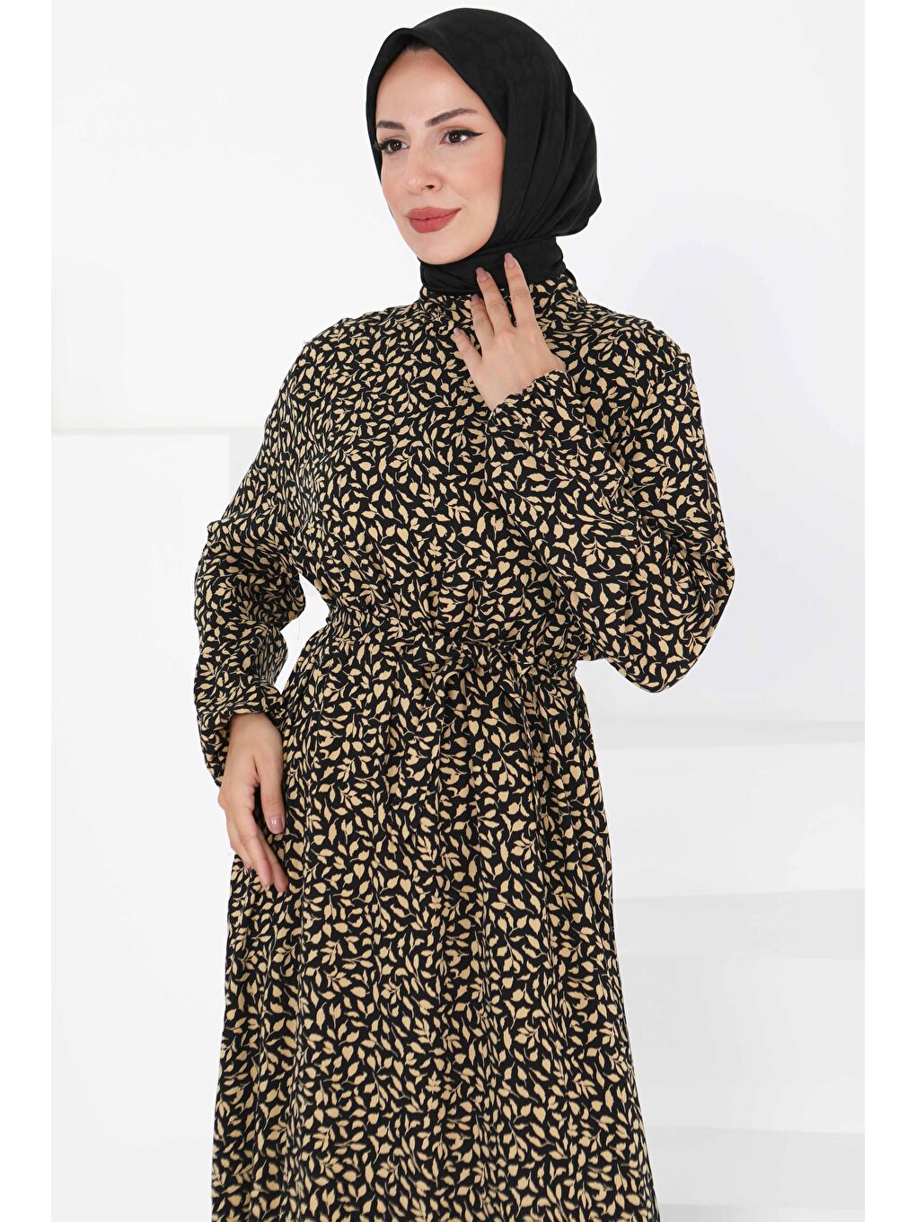 Bej Desenli Kuşaklı Elbise Vizon - 27426-1