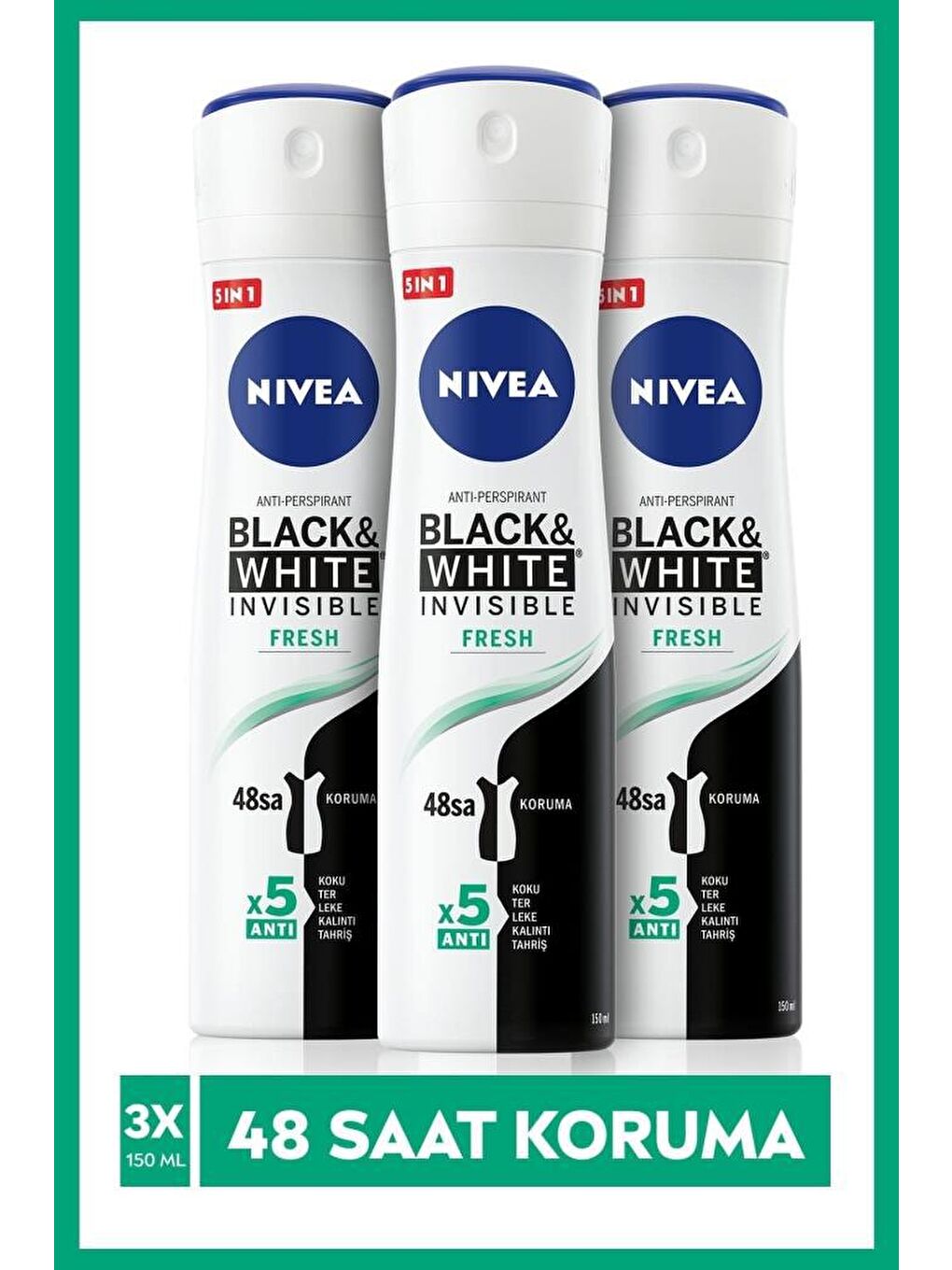 NIVEA Şeffaf Invisible Black&White Fresh Sprey Deodorant 150 ml X3 Adet, 48 Saat Anti-Perspirant Koruma