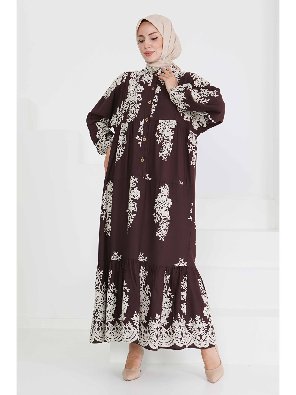 Kahverengi Desenli Düğmeli Elbise Kahve - 27470-3