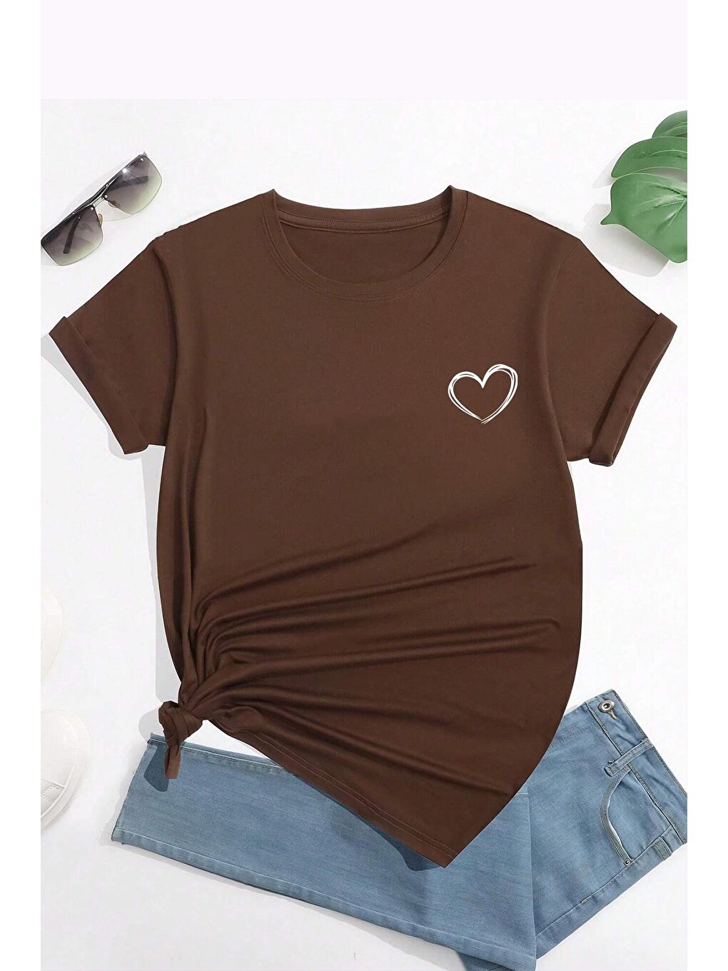 uyguntarz Kahverengi Unisex Hearts Baskılı Tasarım Tshirt