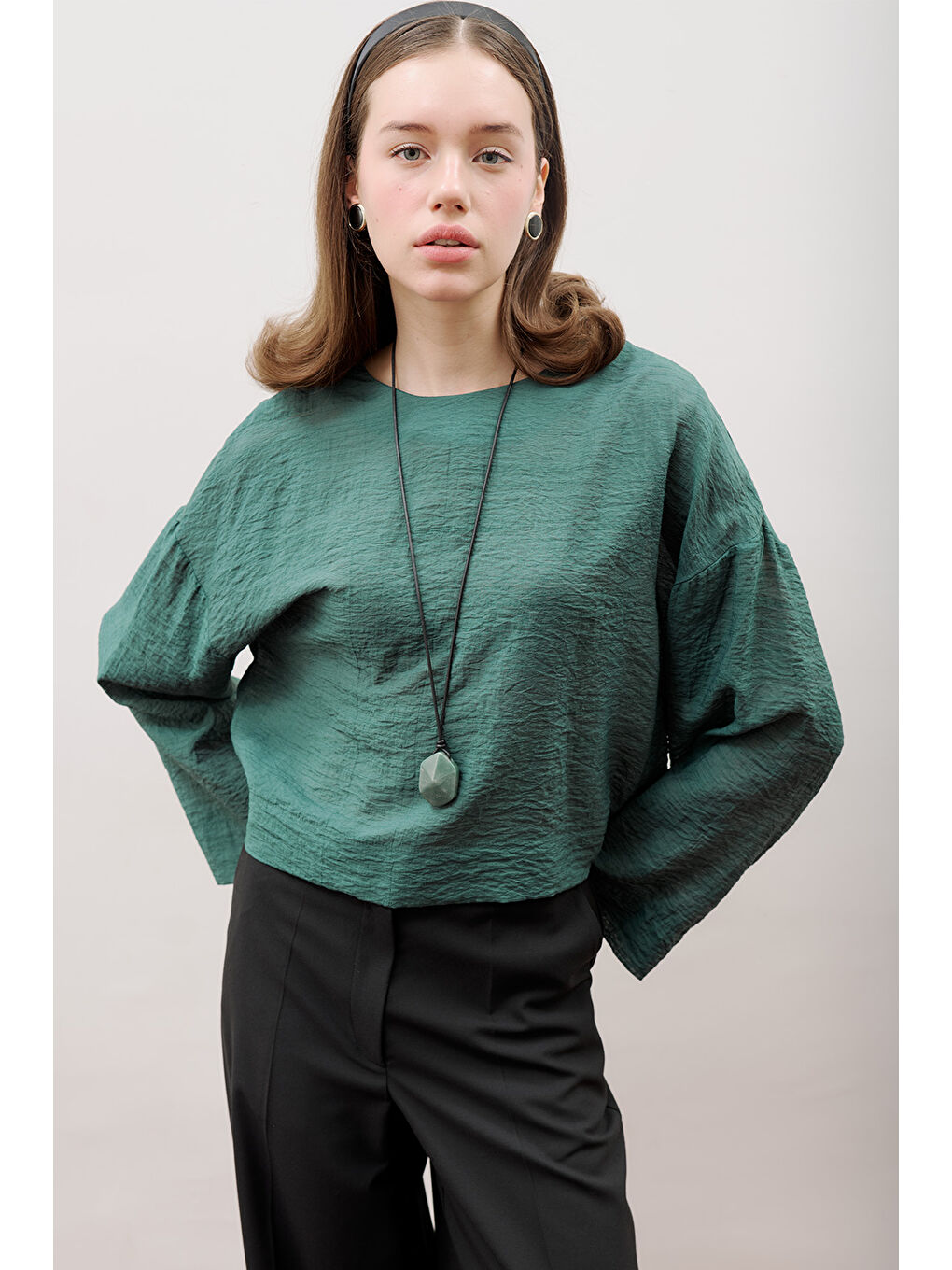 Yuvarlak Yaka Crop Bluz Yeşil