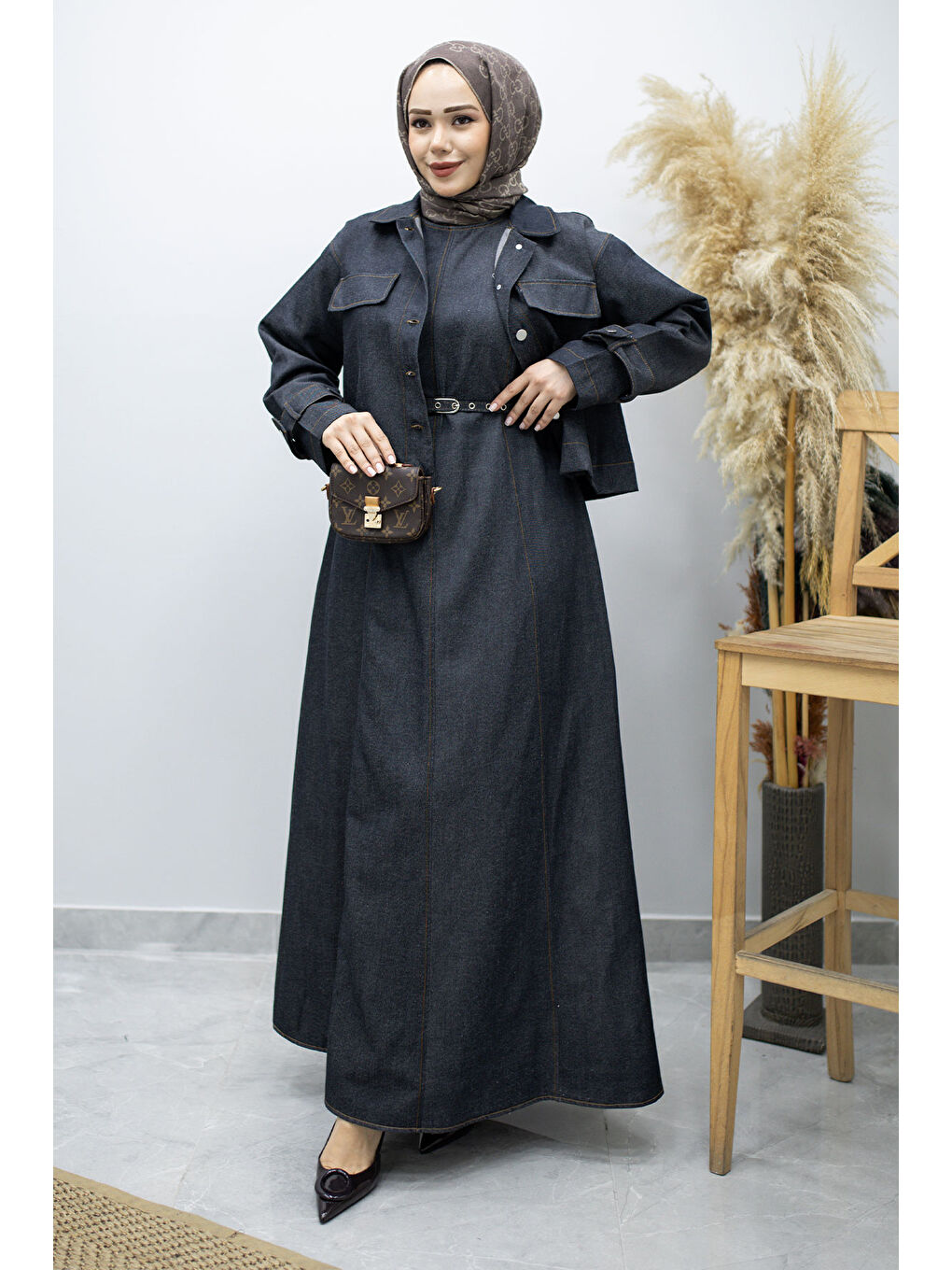 Kemerli Ceketli Denim Elbise TSD260164 Koyu Mavi