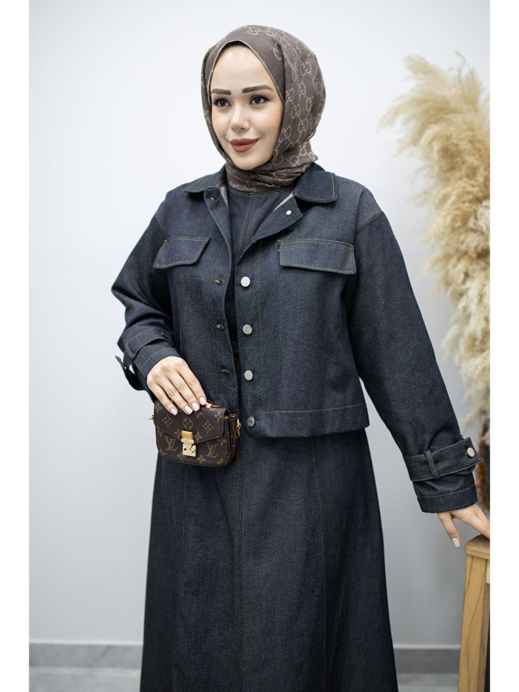 Kemerli Ceketli Denim Elbise TSD260164 Koyu Mavi-1