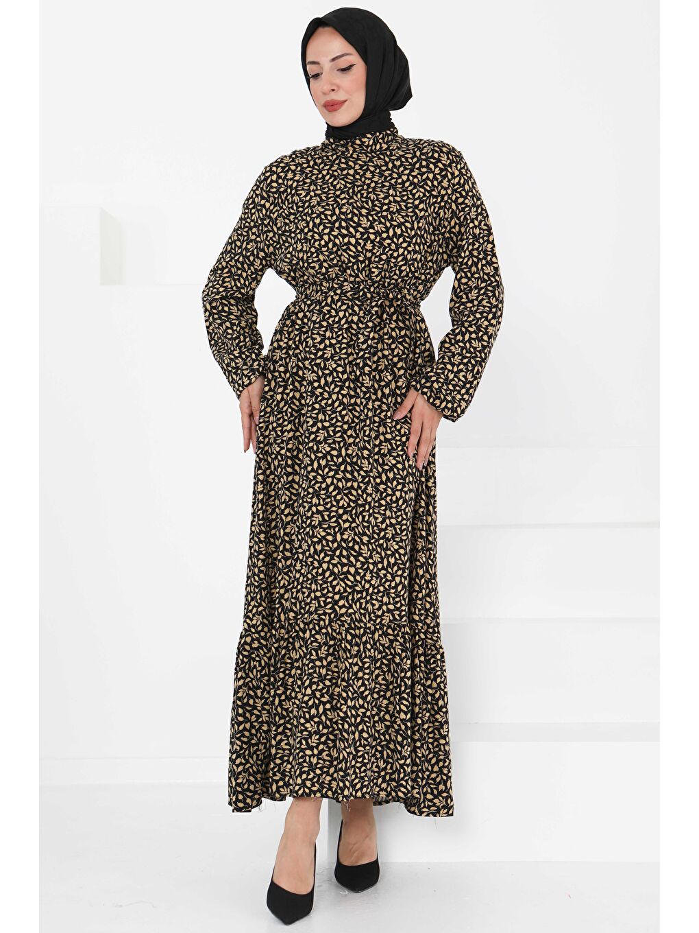 Bej Desenli Kuşaklı Elbise Vizon - 27426-2