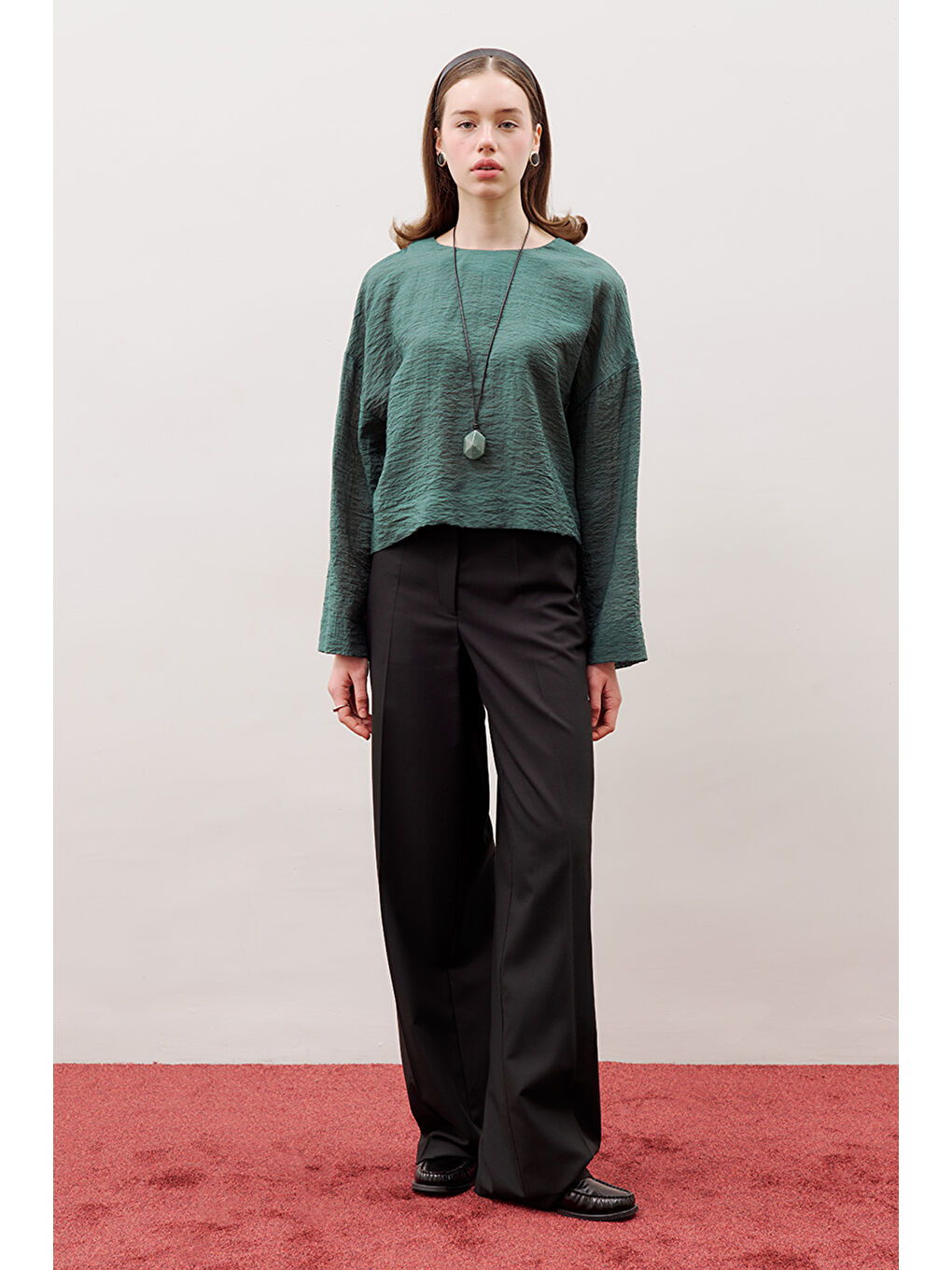 Yuvarlak Yaka Crop Bluz Yeşil-2