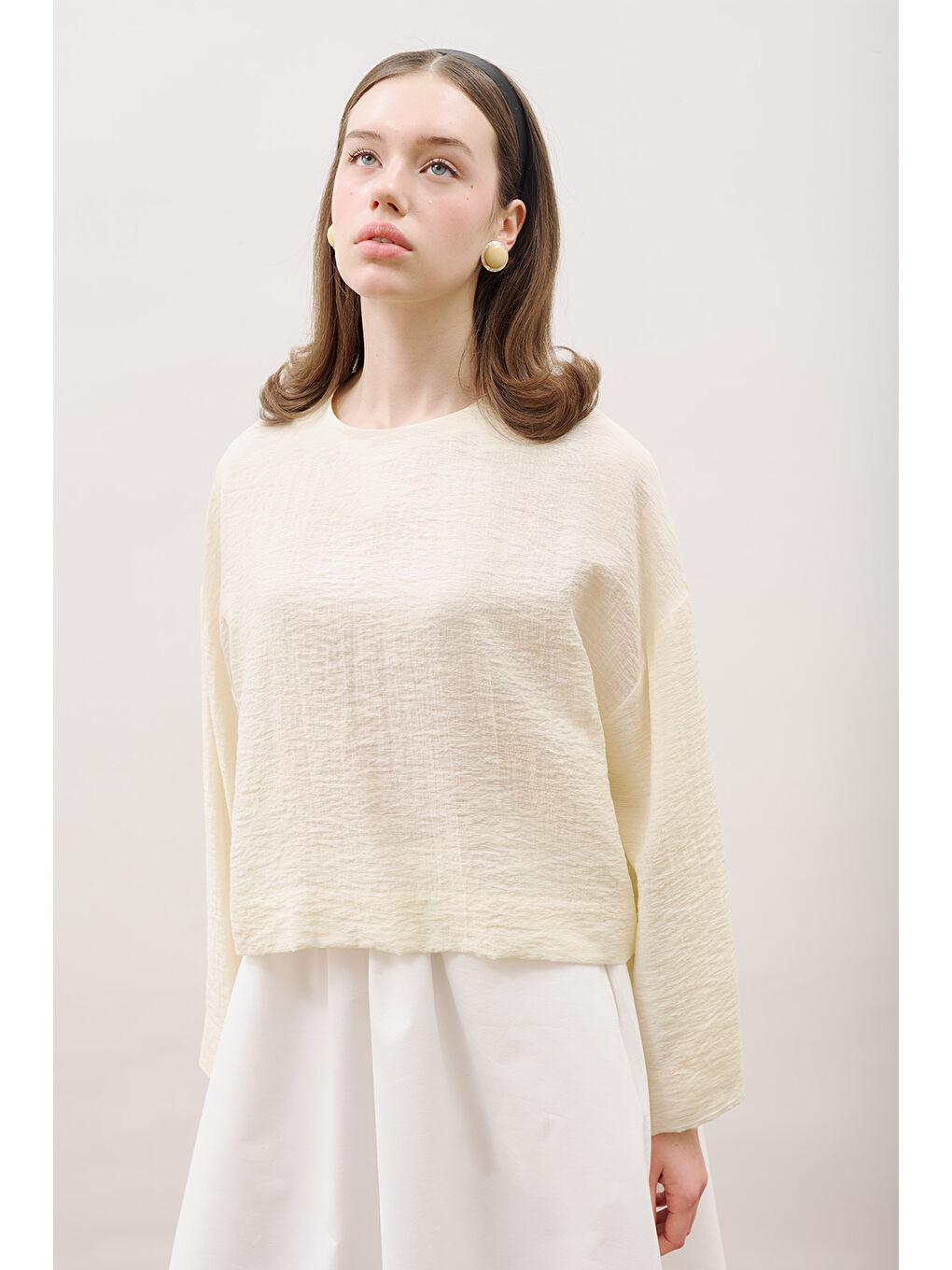 Yuvarlak Yaka Crop Bluz Soft Sarı-3