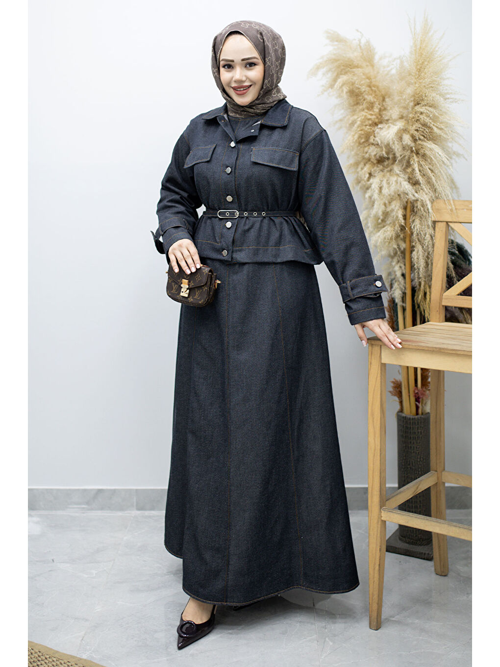 Kemerli Ceketli Denim Elbise TSD260164 Koyu Mavi-2