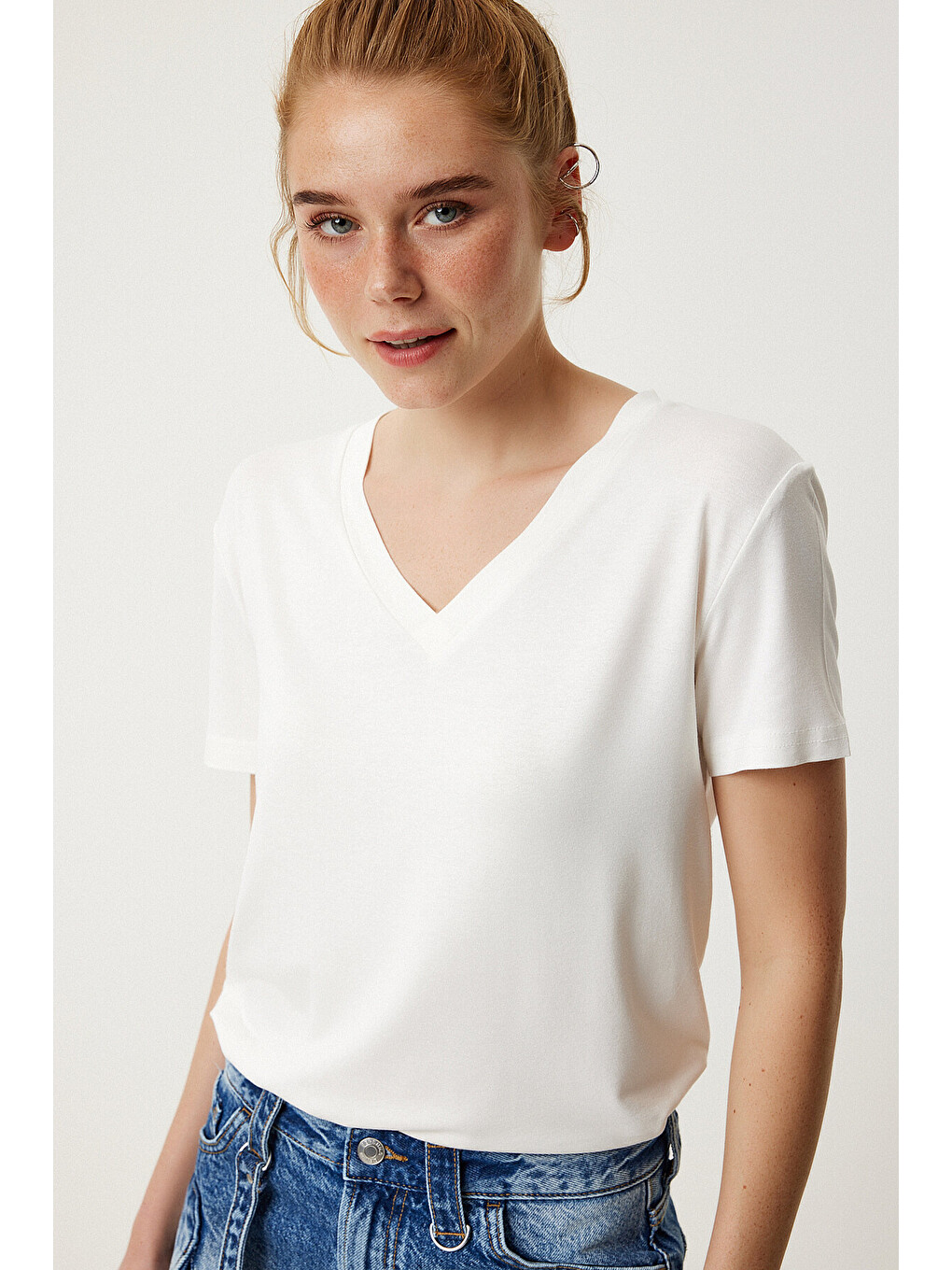 Ekru V Yaka Basic Viskon T-shirt EKRU LEN0001-1