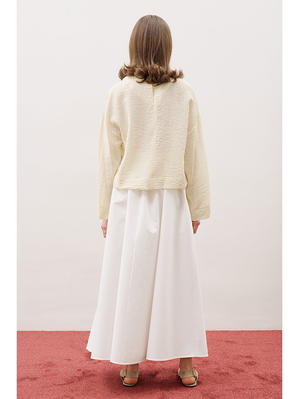 Yuvarlak Yaka Crop Bluz Soft Sarı-5