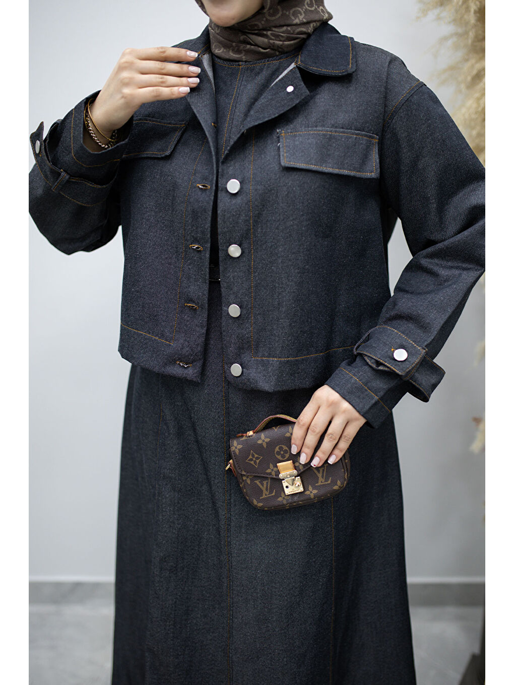 Kemerli Ceketli Denim Elbise TSD260164 Koyu Mavi-3