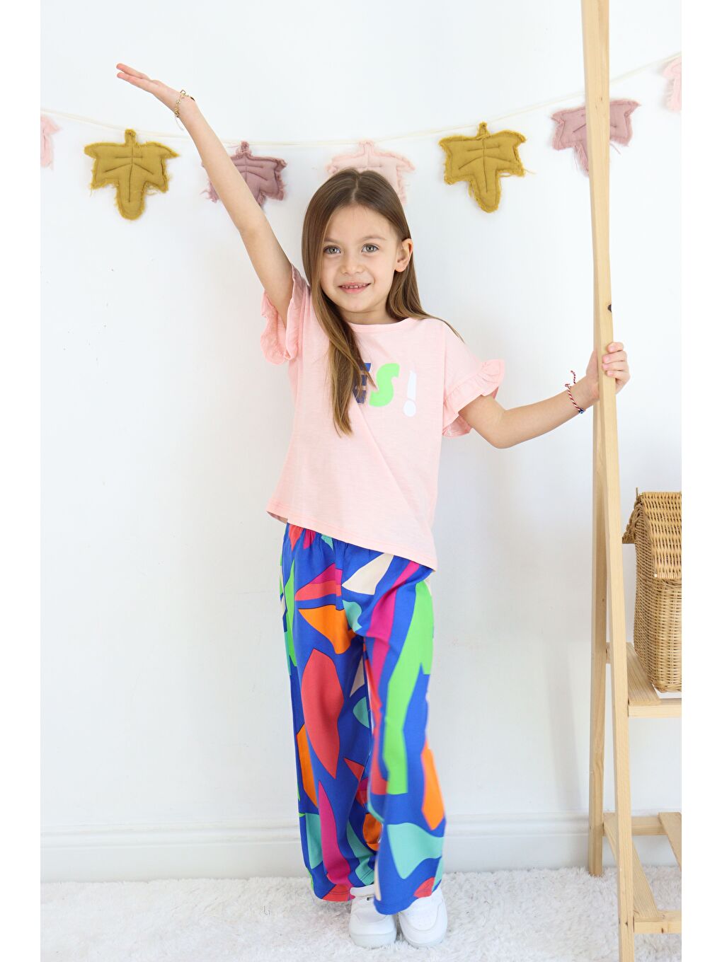 Pembe Kız Çocuk Yes Baskılı ispanyol Paça Alt-Üst Takım-1