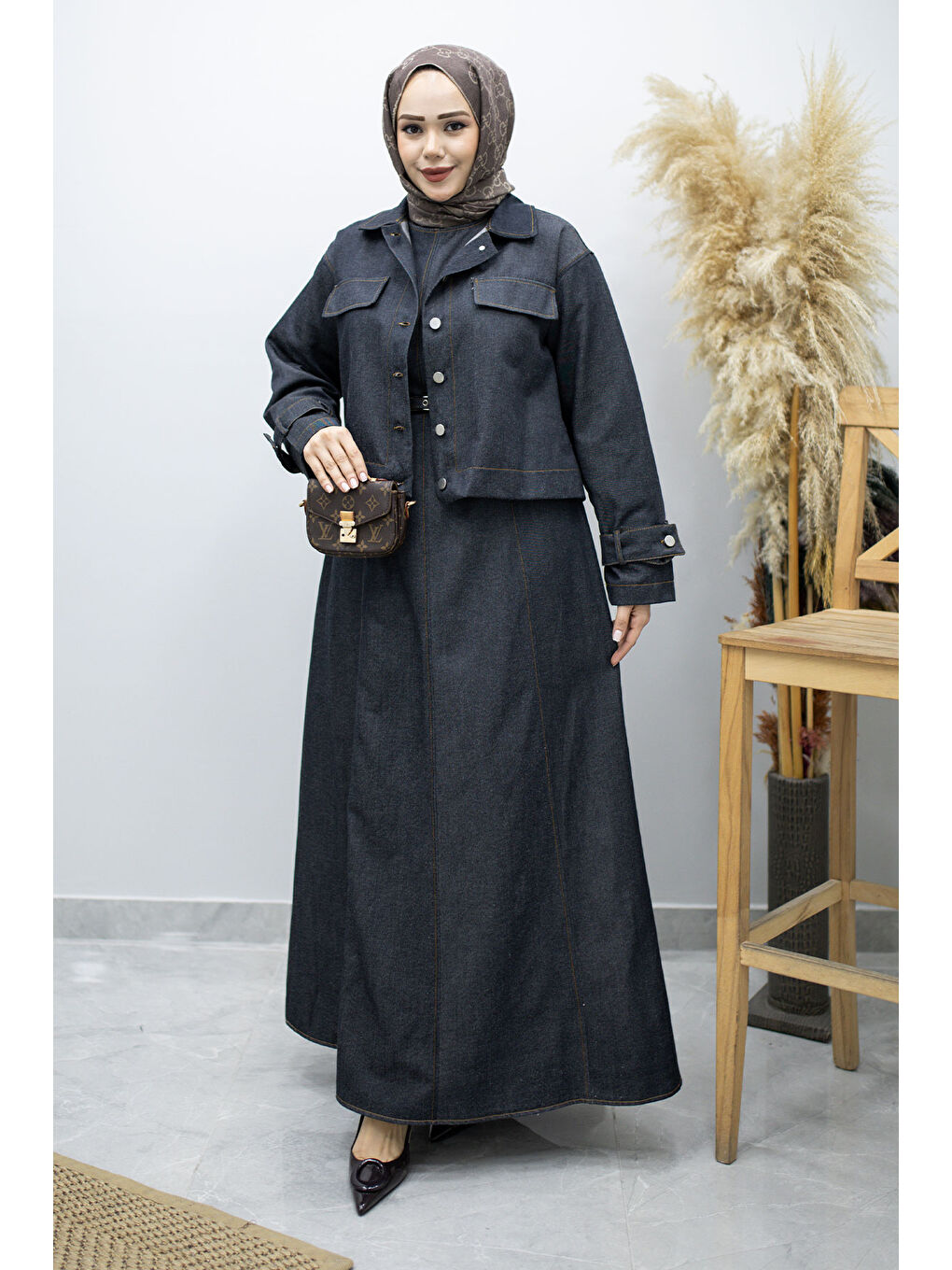 Kemerli Ceketli Denim Elbise TSD260164 Koyu Mavi-4