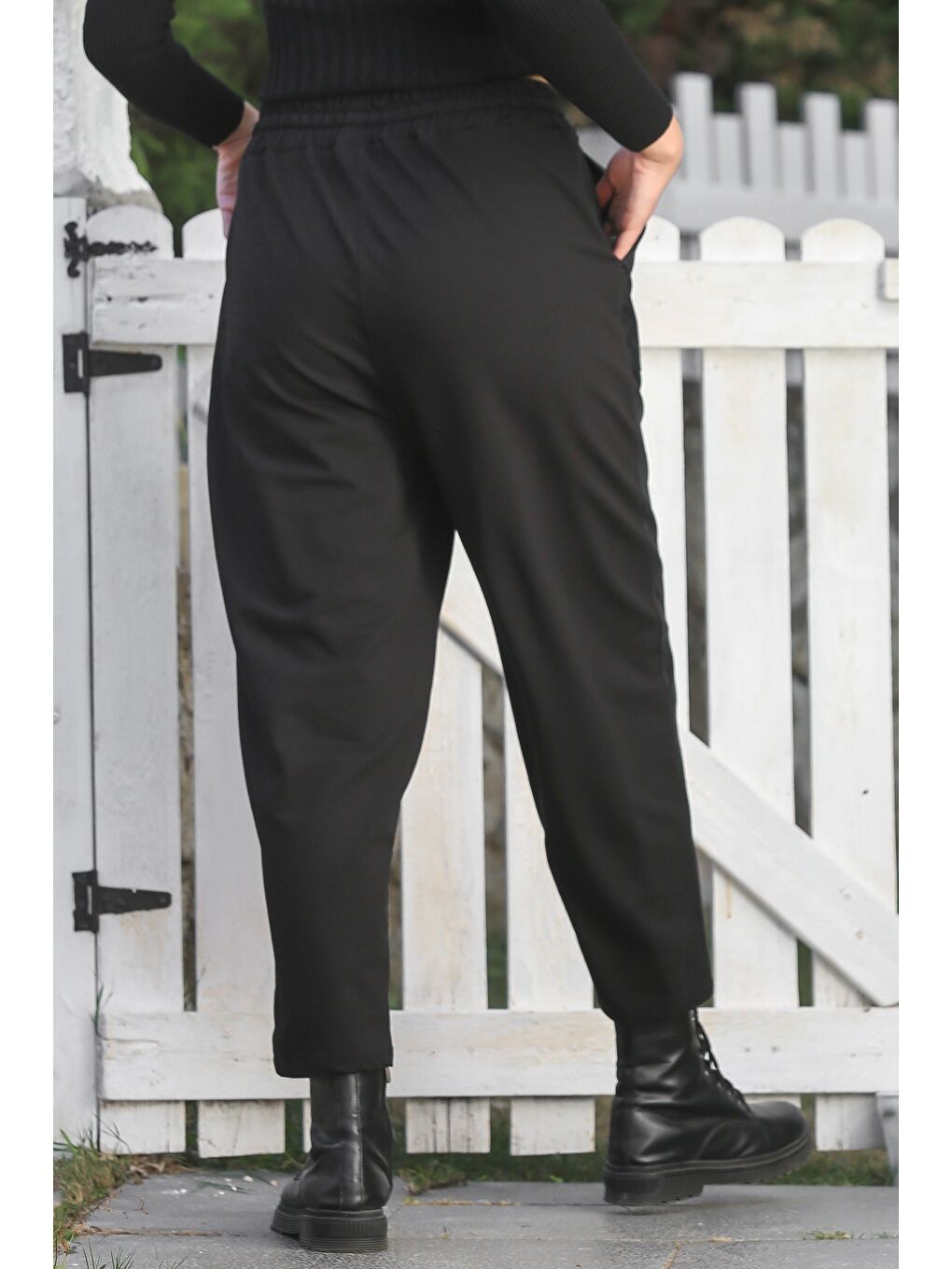 Siyah Cepli Lastikli Bel Düz Paça Casual Suni Deri Örme Pantolon 95 65-1