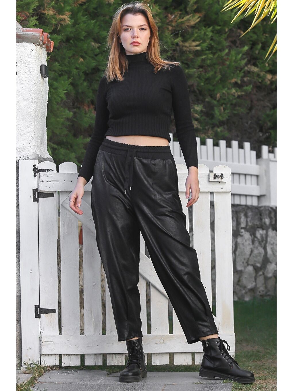 Siyah Cepli Lastikli Bel Düz Paça Casual Suni Deri Örme Pantolon 95 65-3