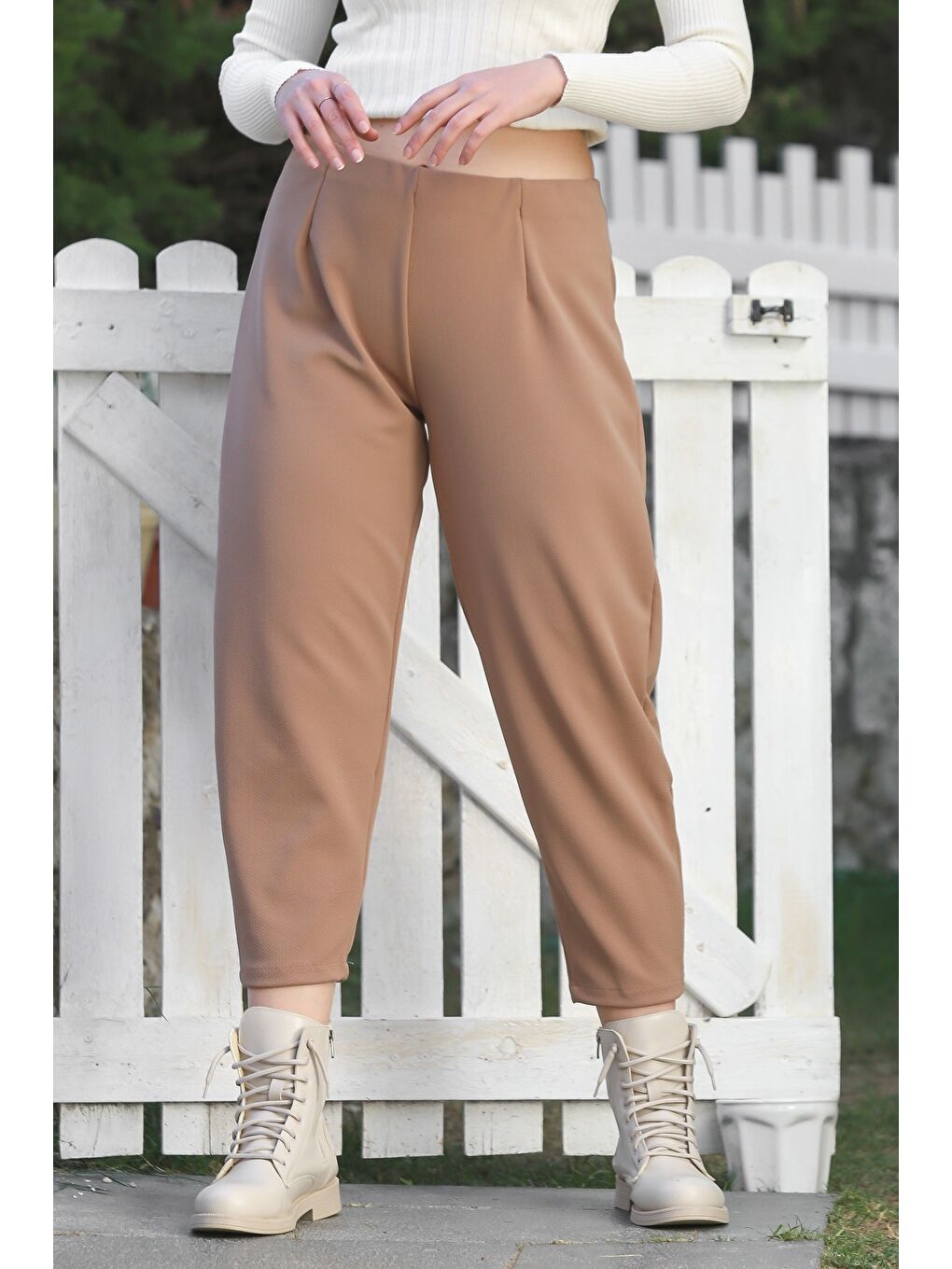 Kahverengi Açık Kahve Cepli Lastikli Bel Düz Paça Casual Jarse Örme Pantolon 90 65