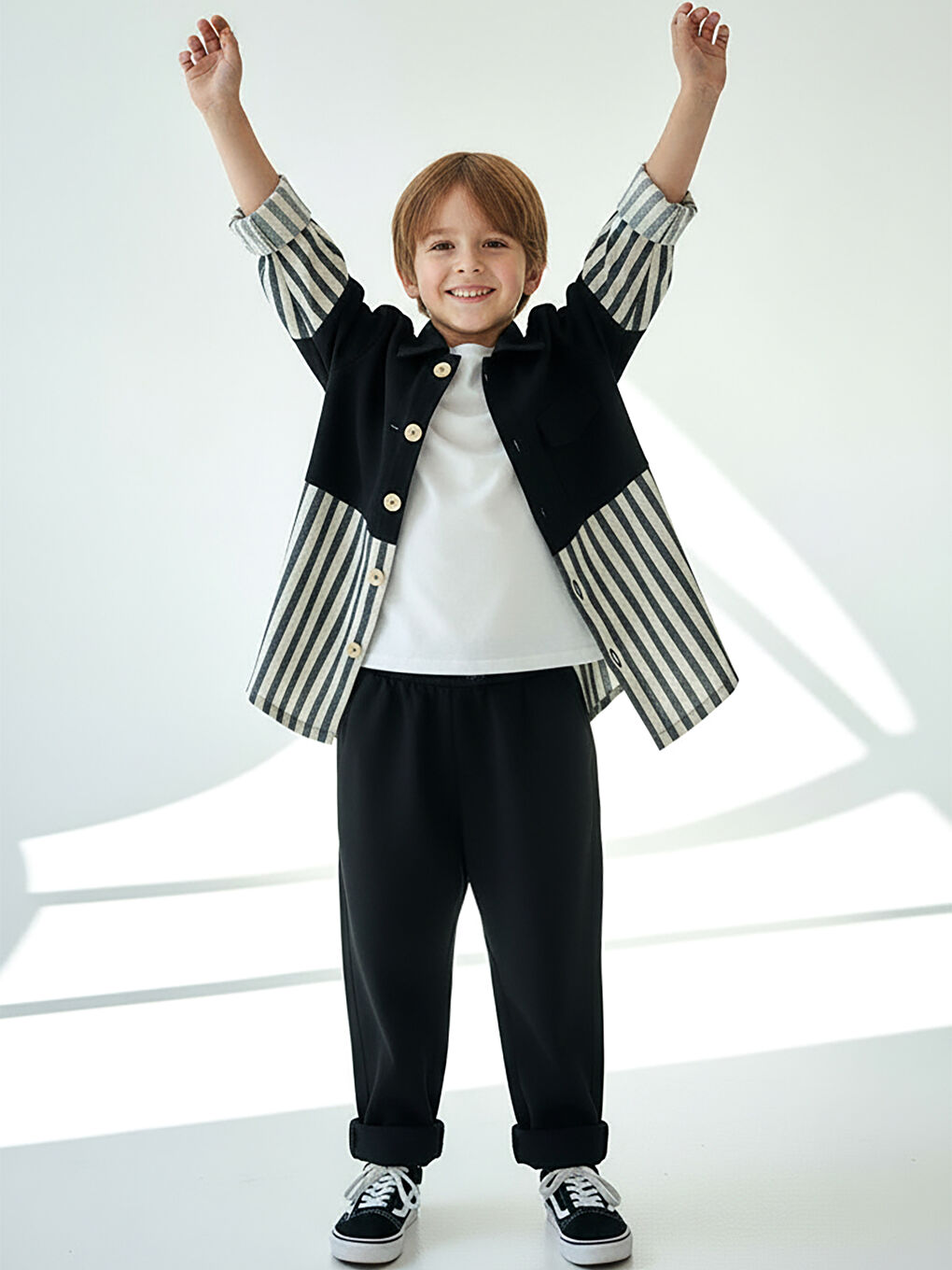 Siyah Keten Carrot Pantolon + Siyah Beyaz Çizgili Keten Retro Gömlek-2