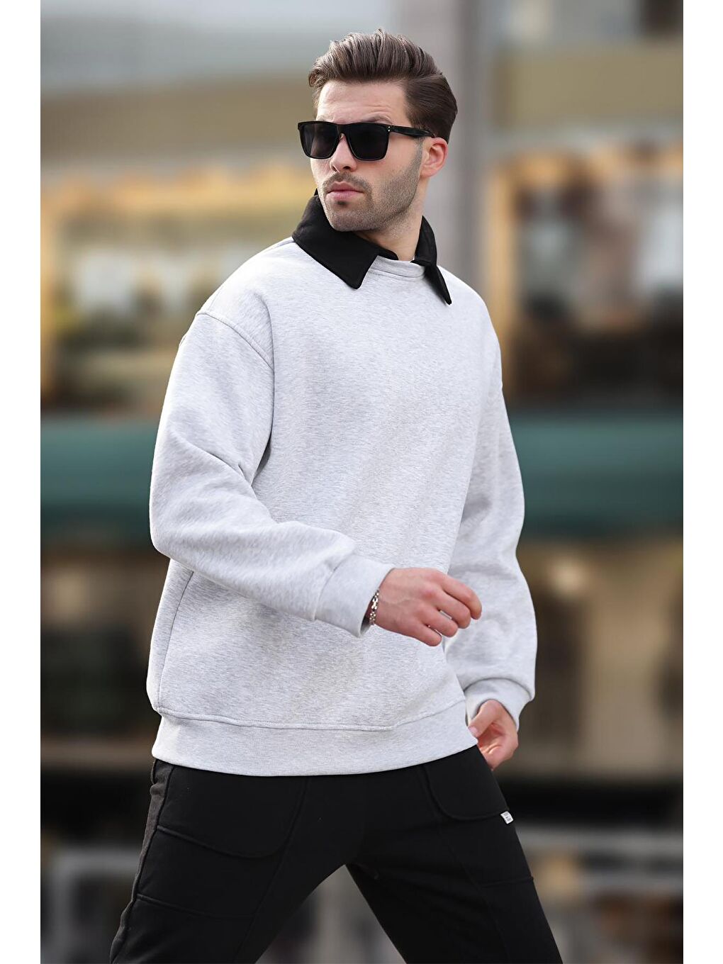 Beyaz Karmelanj Polo Yaka Erkek Sweatshirt 7086-1