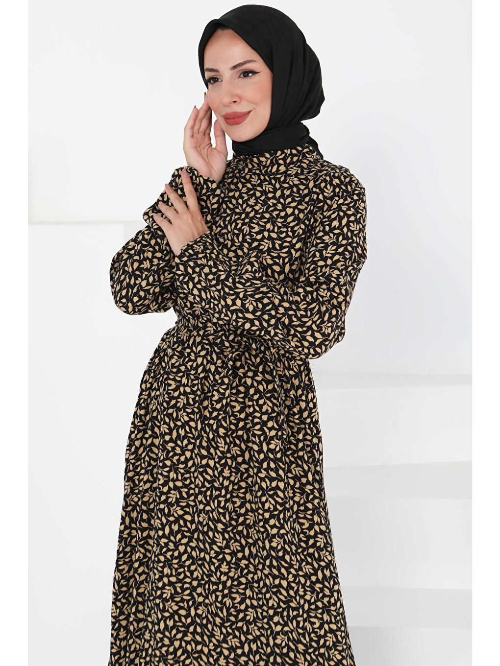 Bej Desenli Kuşaklı Elbise Vizon - 27426-3