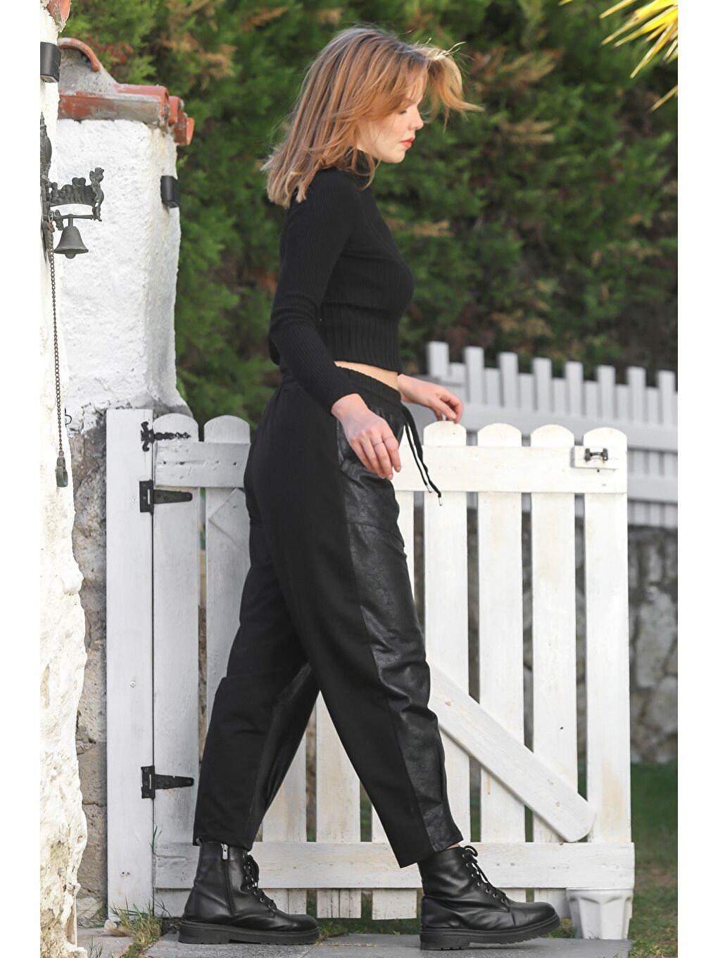 Siyah Cepli Lastikli Bel Düz Paça Casual Suni Deri Örme Pantolon 95 65-6