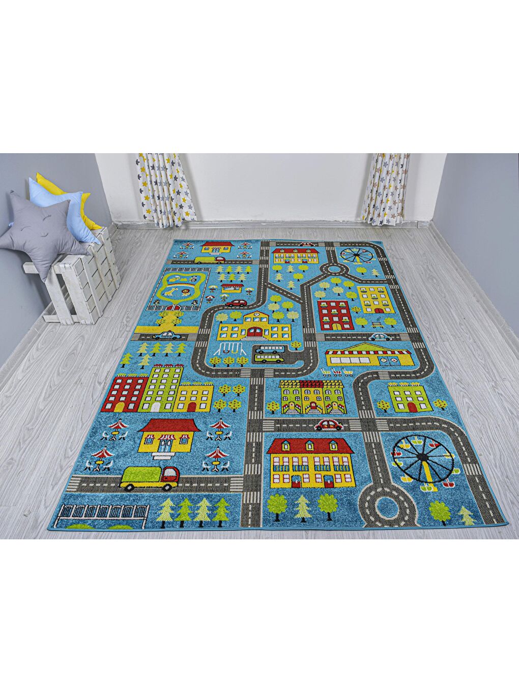 3 Boyutlu Mavi Şehir Dokuma Çocuk Oyun Halısı-140x200-2