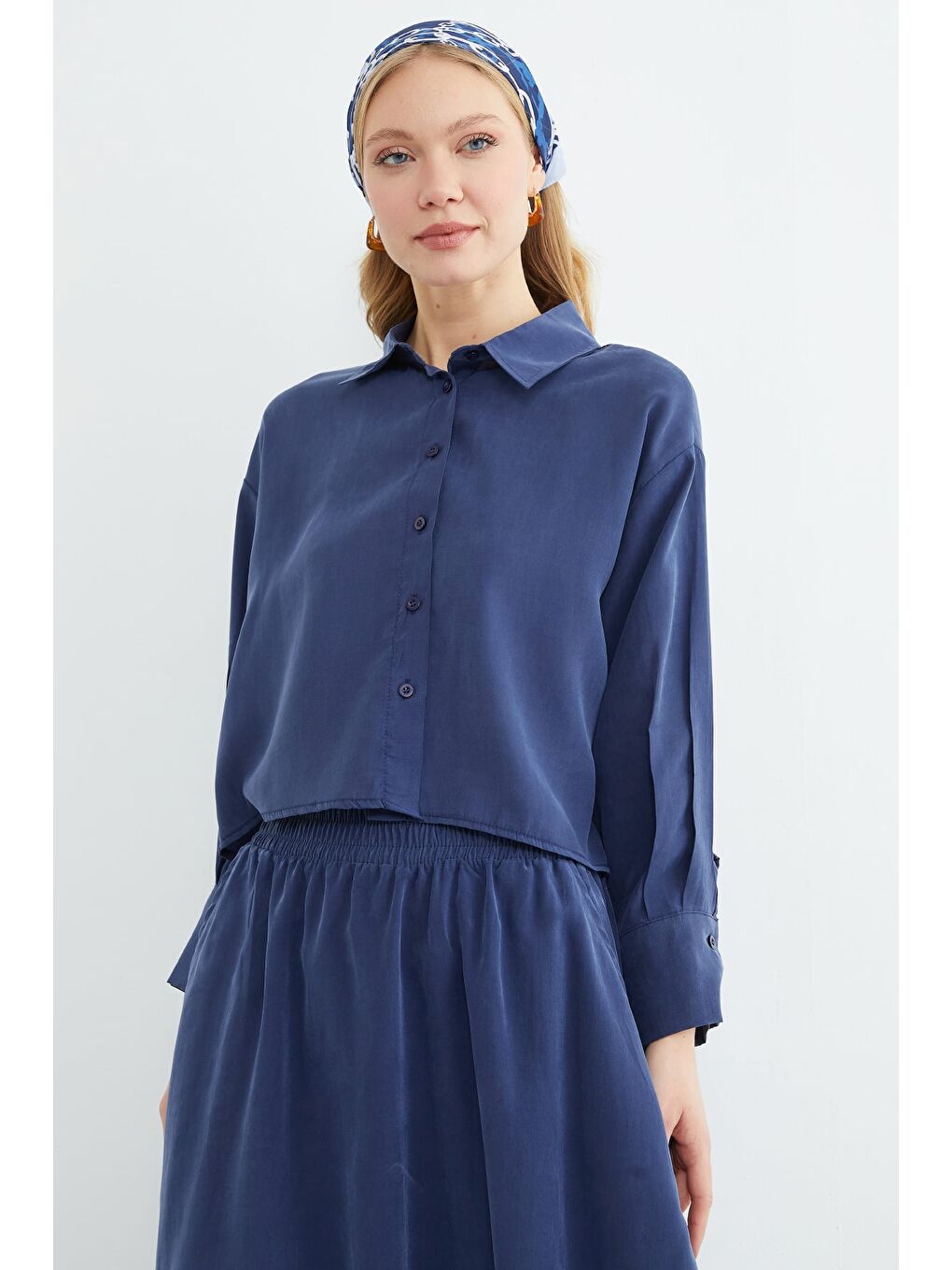 Lacivert Basic Düğmeli Salaş Crop Gömlek-2