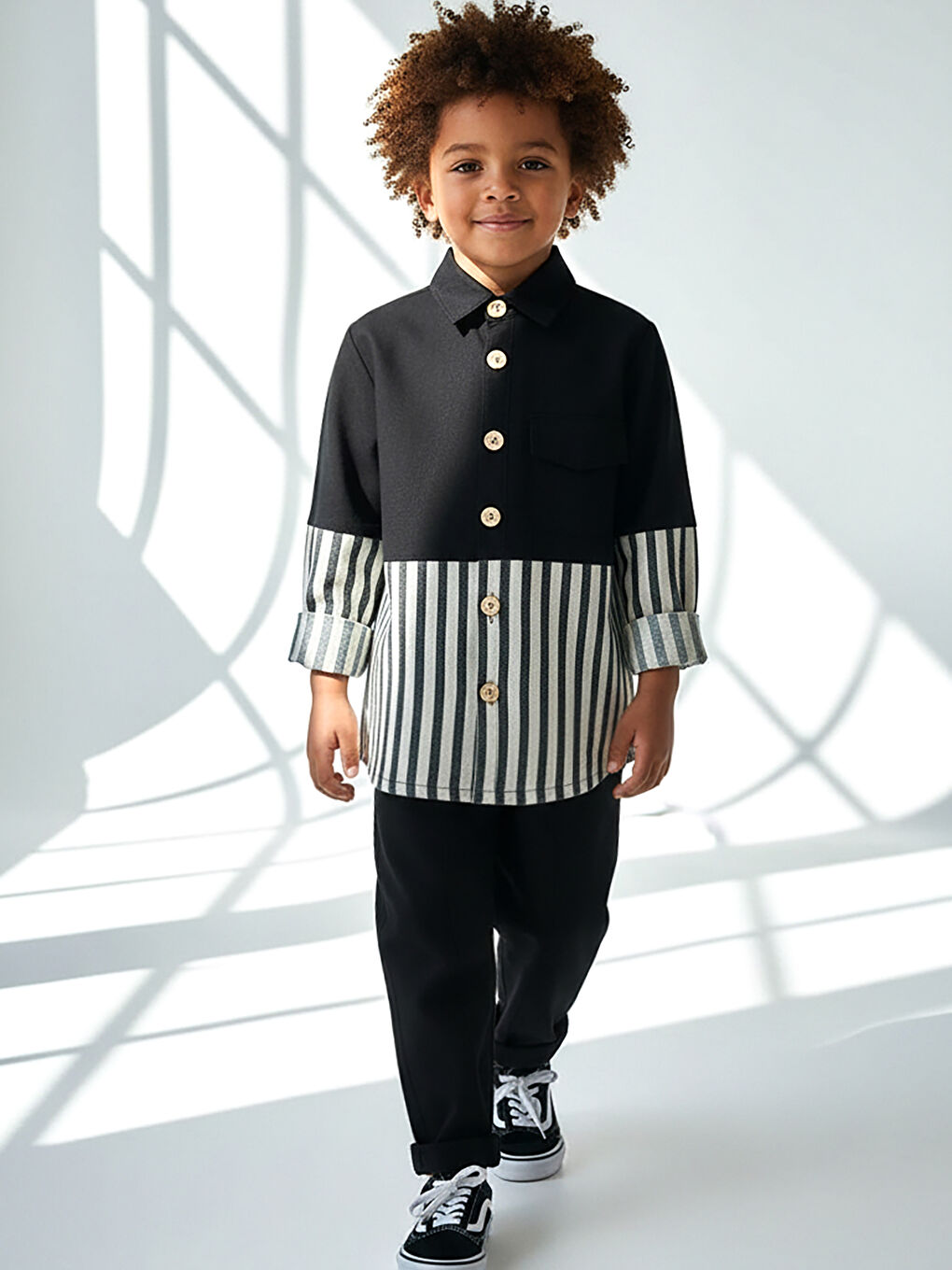 Siyah Keten Carrot Pantolon + Siyah Beyaz Çizgili Keten Retro Gömlek-4