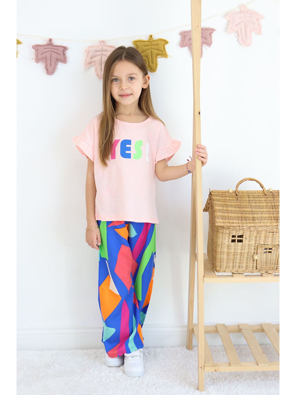 Pembe Kız Çocuk Yes Baskılı ispanyol Paça Alt-Üst Takım-3