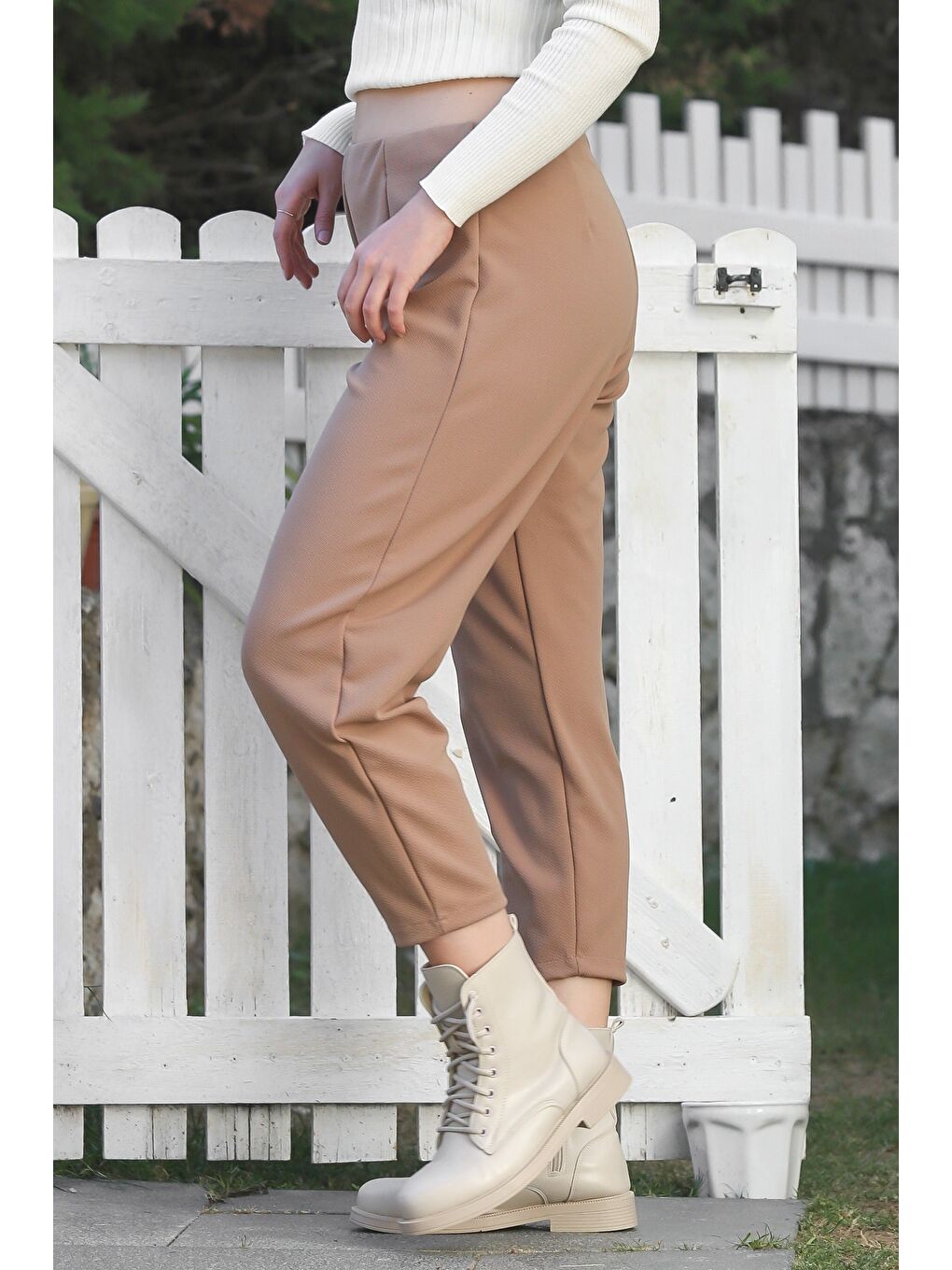 Kahverengi Açık Kahve Cepli Lastikli Bel Düz Paça Casual Jarse Örme Pantolon 90 65-3