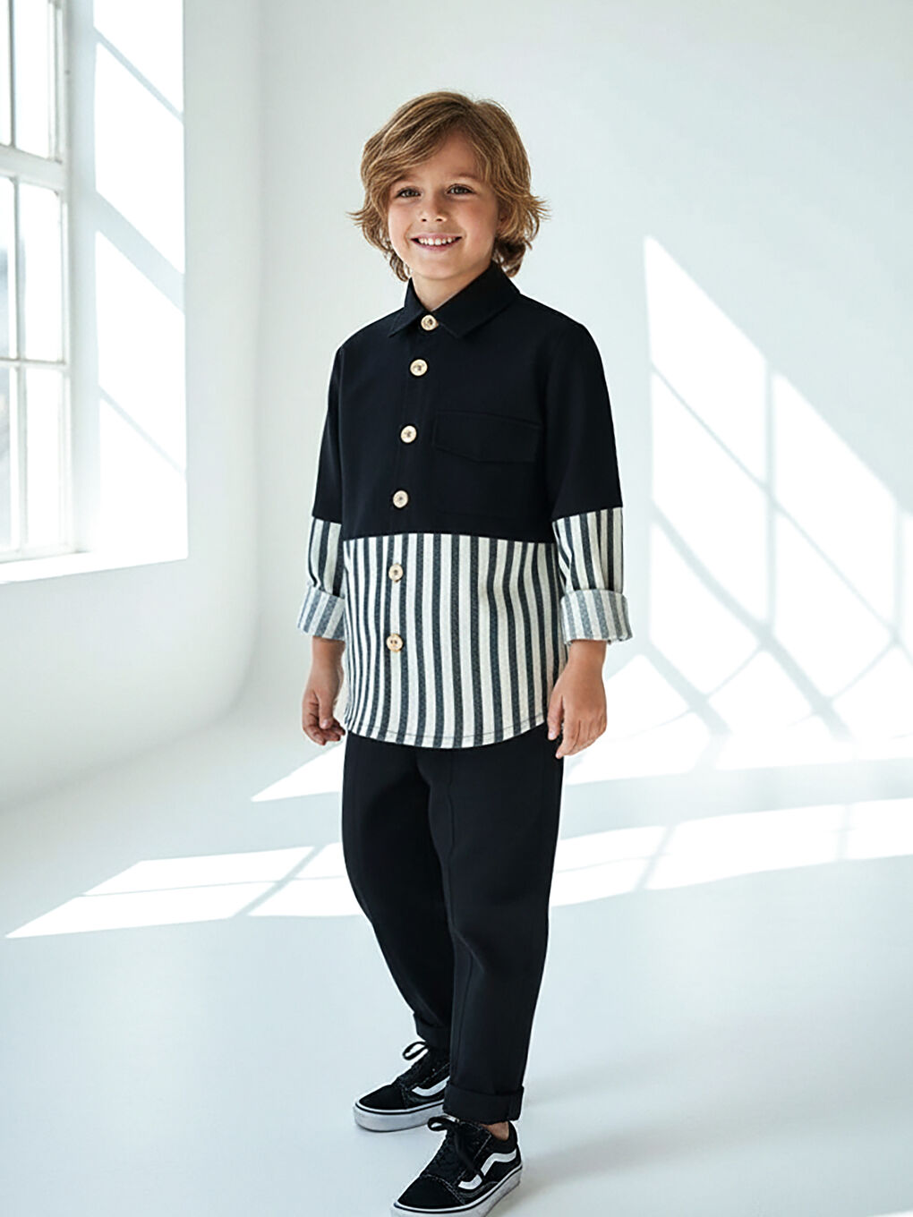 Siyah Keten Carrot Pantolon + Siyah Beyaz Çizgili Keten Retro Gömlek-5