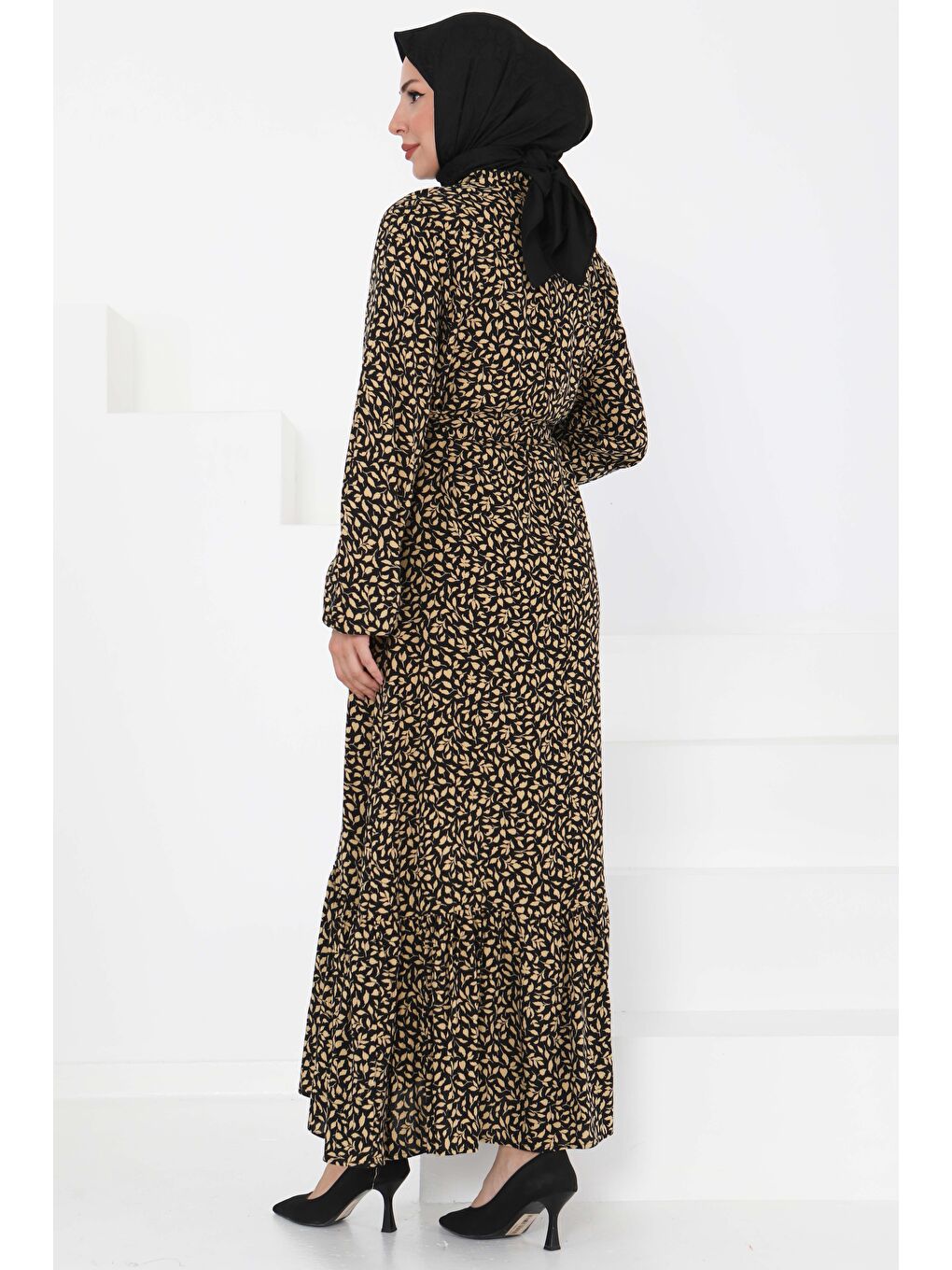 Bej Desenli Kuşaklı Elbise Vizon - 27426-4