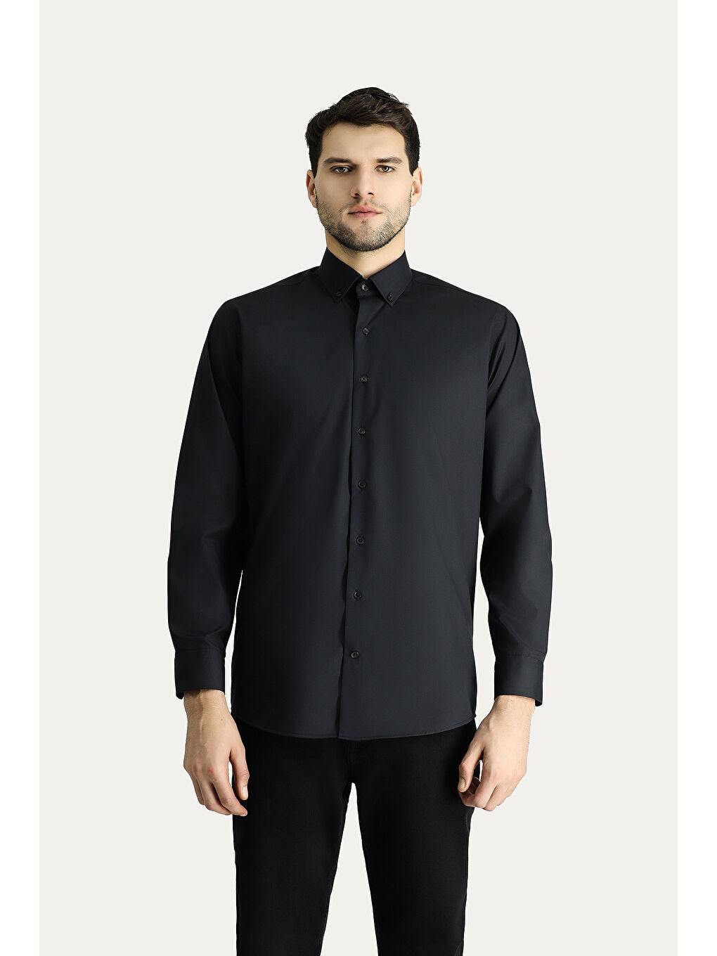 Siyah Uzun Kol Regular Fit Non Iron Ütü Gerektirmeyen Pamuklu Düğmeli Yaka Büyük Beden Gömlek-2