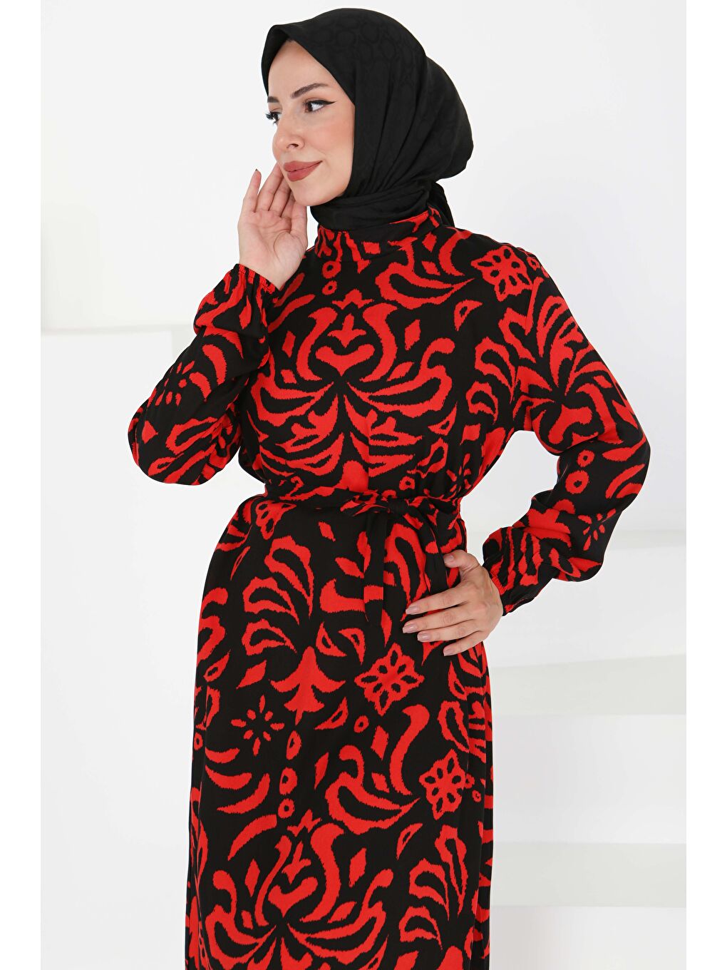 Kırmızı Kuşaklı Desenli Elbise Kirmizi - 27394
