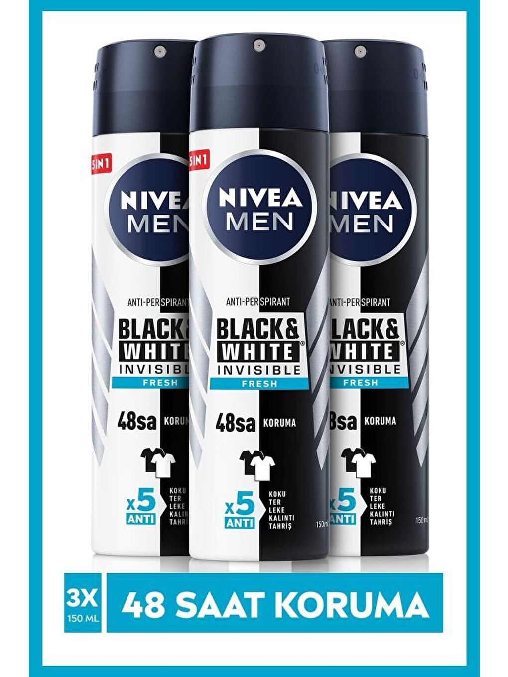 NIVEA Şeffaf Men Invisible Black&White Fresh Erkek Sprey Deodorant 150 ml X3 Adet, 48 Saat Anti-Perspirant Koruma