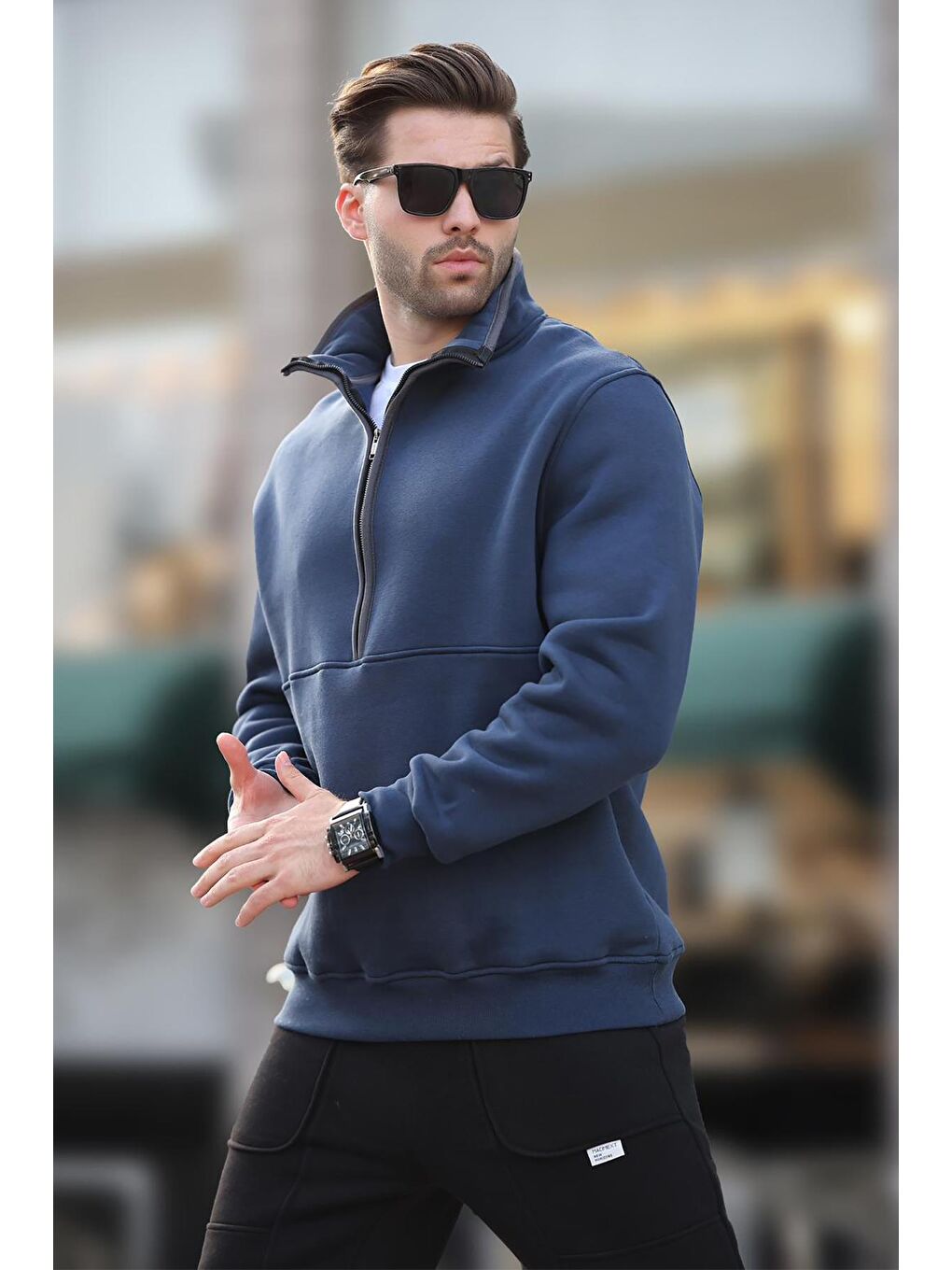 Lacivert Dik Yaka Yarım Fermuarlı Sweatshirt 7079-1