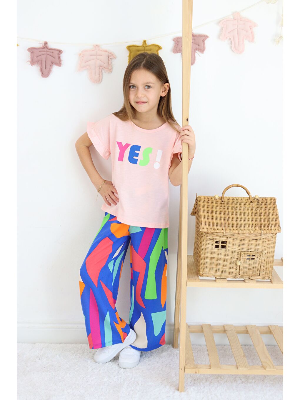 Pembe Kız Çocuk Yes Baskılı ispanyol Paça Alt-Üst Takım-4