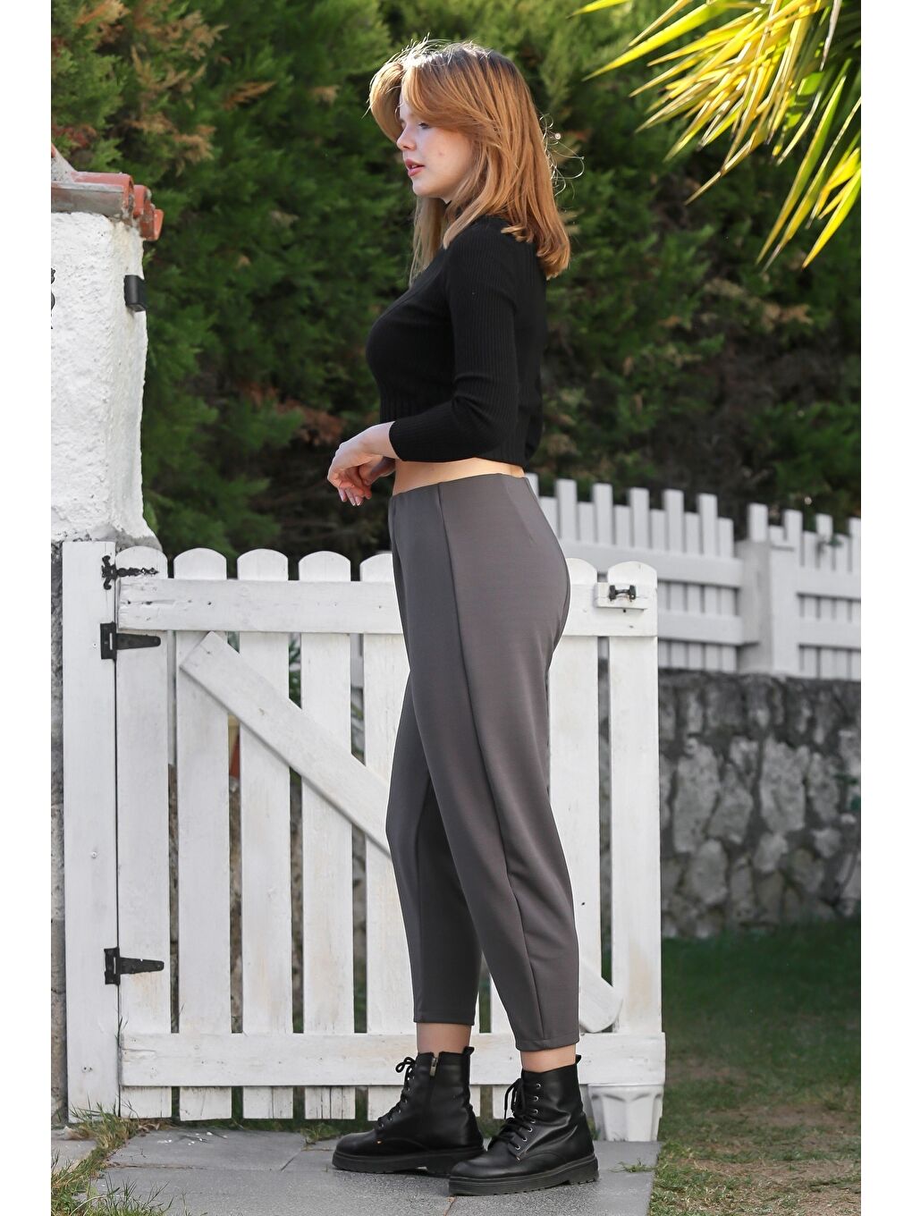 Antrasit Cepli Lastikli Bel Düz Paça Casual Jarse Örme Pantolon 90 65-6