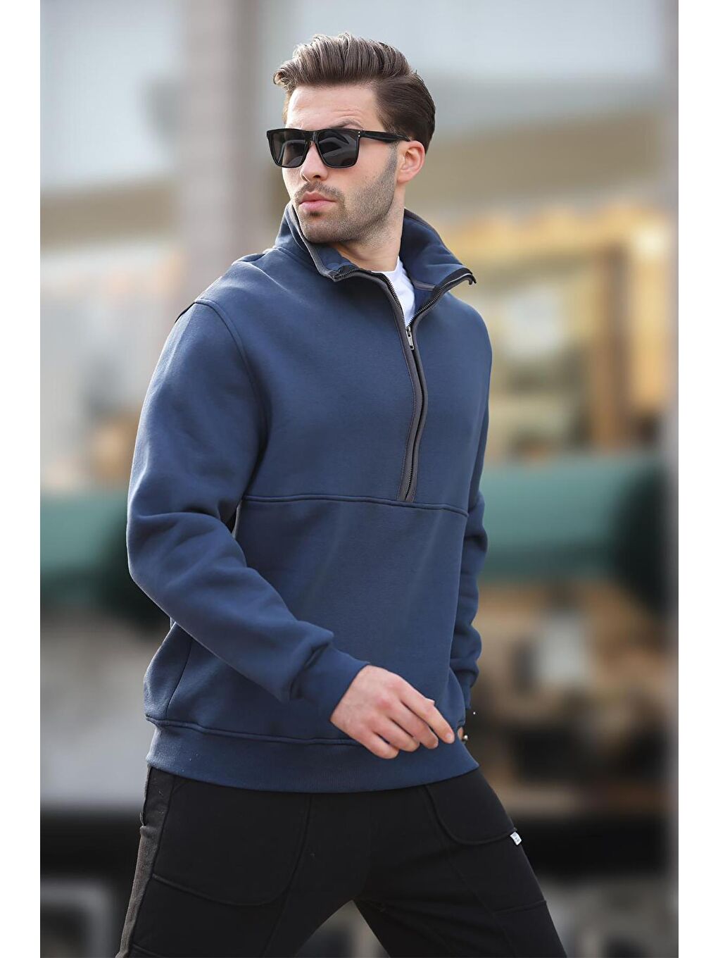 Lacivert Dik Yaka Yarım Fermuarlı Sweatshirt 7079-2