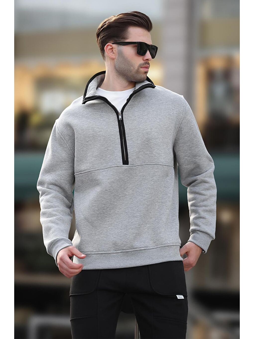 Gri Dik Yaka Yarım Fermuarlı Sweatshirt 7079