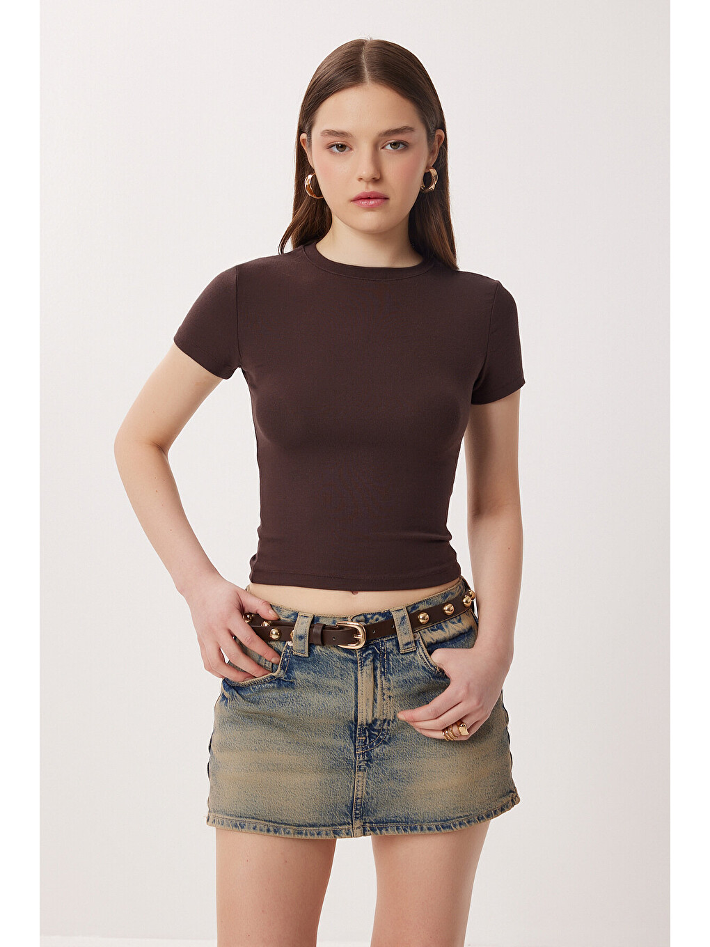 Lila 2’li Paket Bisiklet Yaka Basic Örme T-shirt KAHVERENGİ KEMİK LDZ0066-1