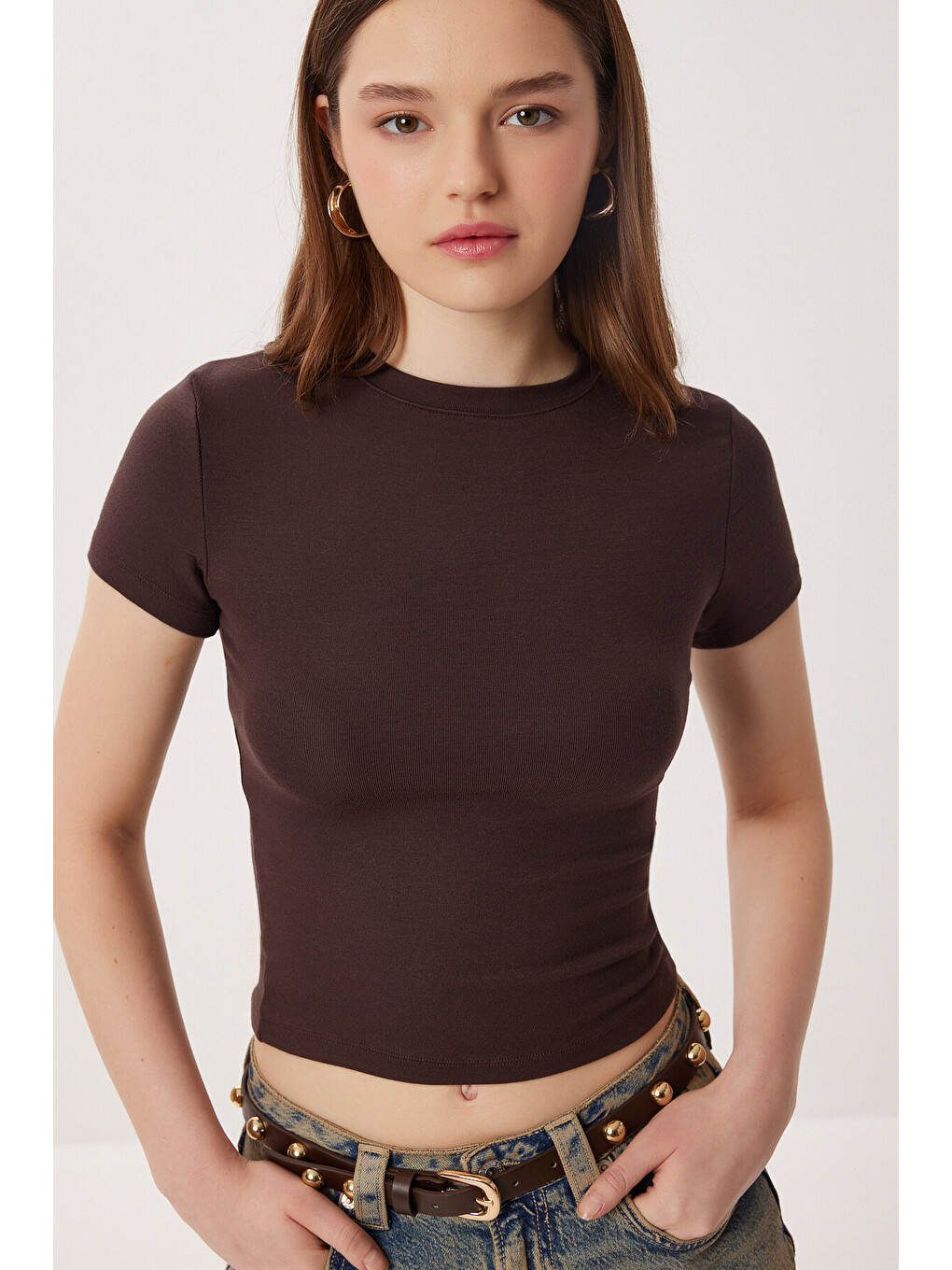 Lila 2’li Paket Bisiklet Yaka Basic Örme T-shirt KAHVERENGİ KEMİK LDZ0066-2