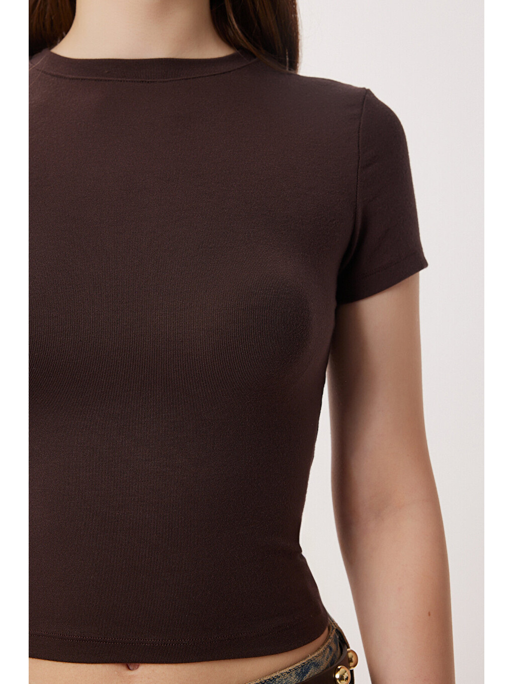 Lila 2’li Paket Bisiklet Yaka Basic Örme T-shirt KAHVERENGİ KEMİK LDZ0066-3
