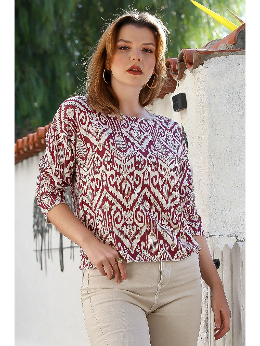İtalyan Bordo Kayık Yaka Uzun Kol Tribal Desenli Allover Baskılı Casual Örme Bluz 65 60
