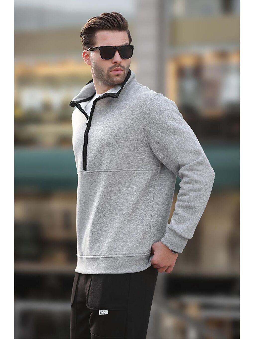 Gri Dik Yaka Yarım Fermuarlı Sweatshirt 7079-1